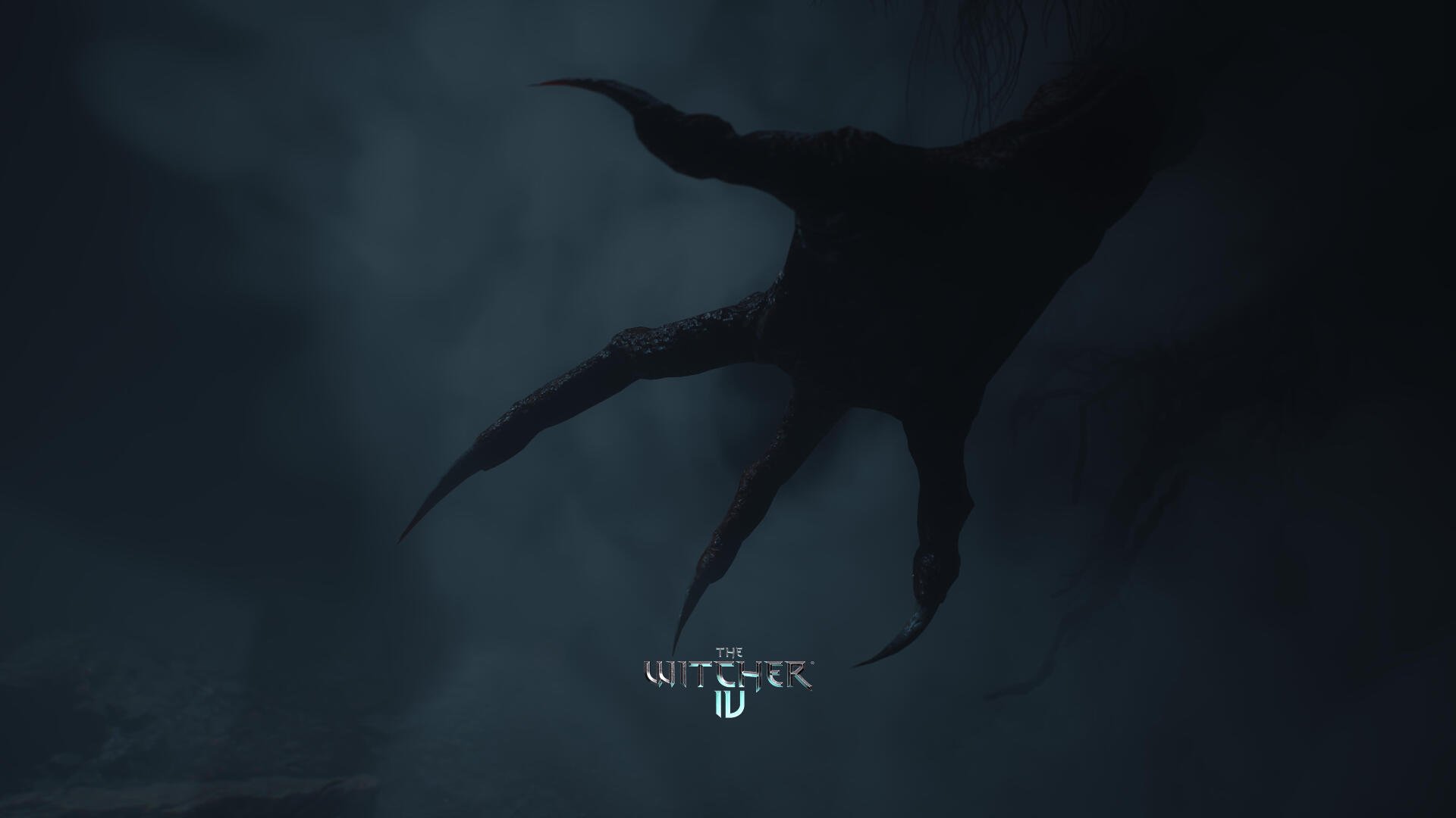 Dark, ominous claw set against a misty blue background with The Witcher IV logo, rendered in 4K Ultra HD for PC desktop wallpaper.