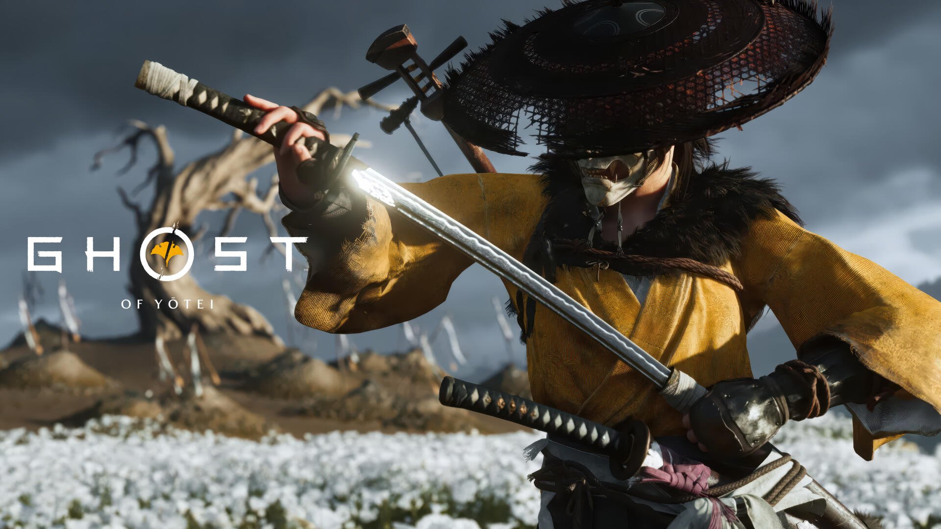 Atsu from the video game Ghost of Yōtei wields a katana amid a snowy battlefield in this 4K Ultra HD PC wallpaper.