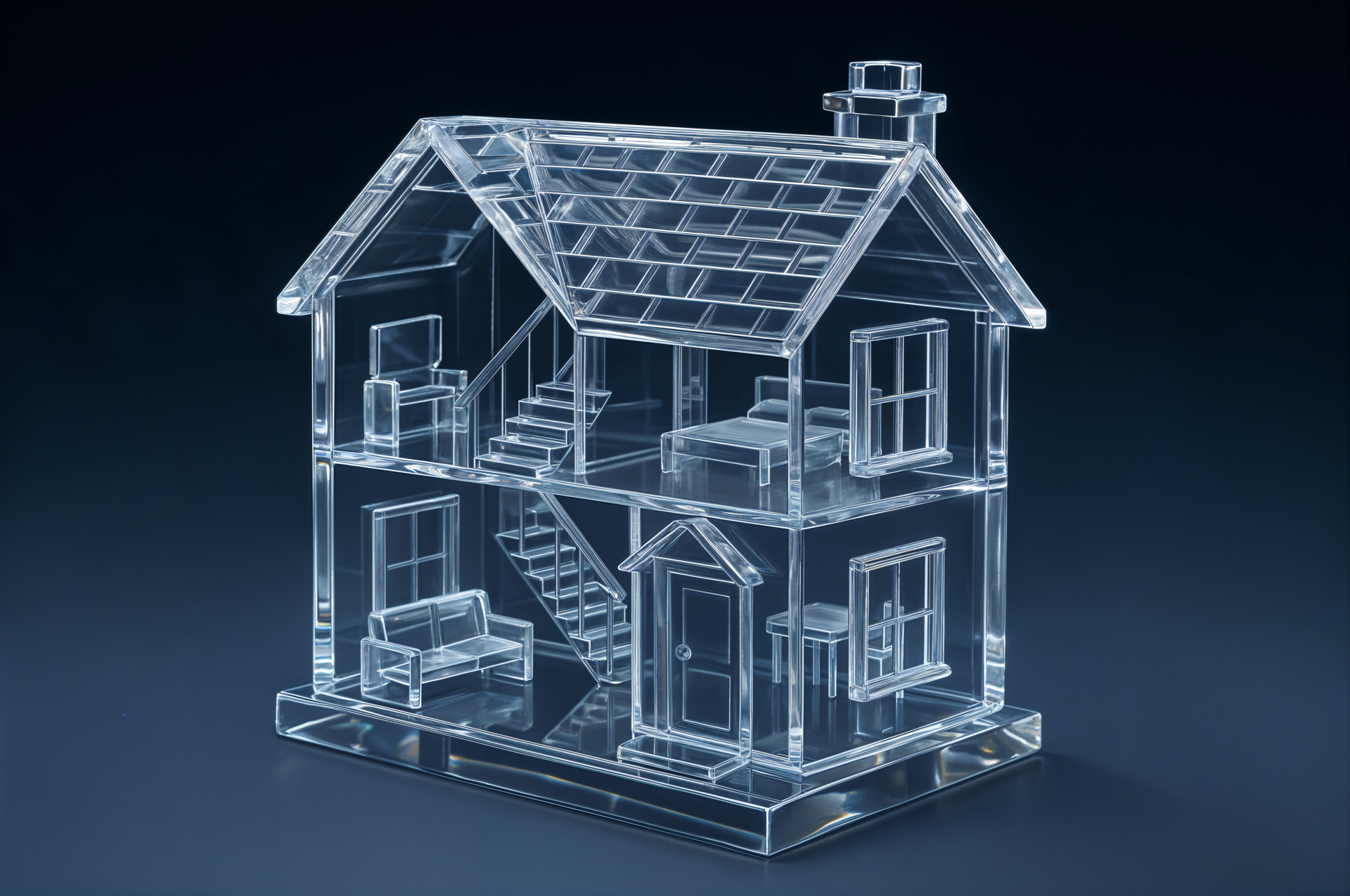 4K Ultra HD PC desktop wallpaper featuring a detailed transparent glass house model with visible interior furniture and staircases against a dark blue gradient background.