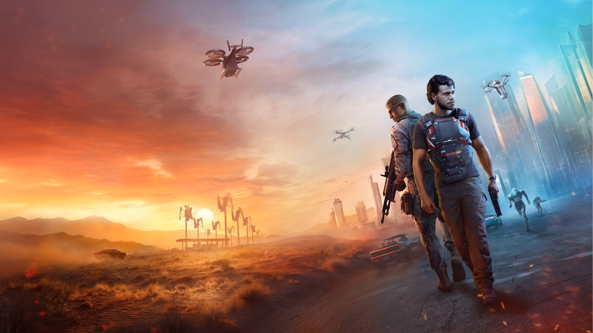 4K Ultra HD gaming art from MindsEye featuring armed characters facing a futuristic battlefield with drones and towering structures under a dramatic sky.