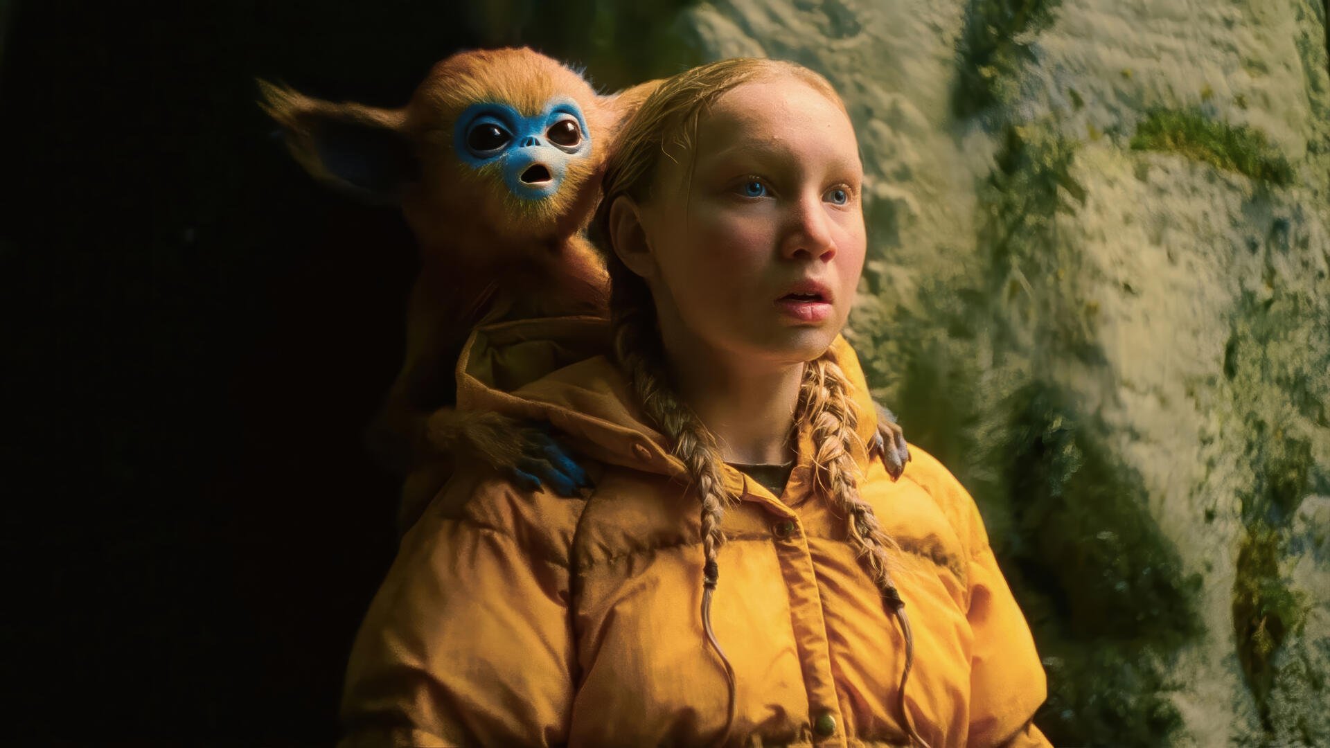 4K Ultra HD PC desktop wallpaper from the movie The Legend of Ochi, featuring a young woman with braided hair and a small creature perched on her shoulder.