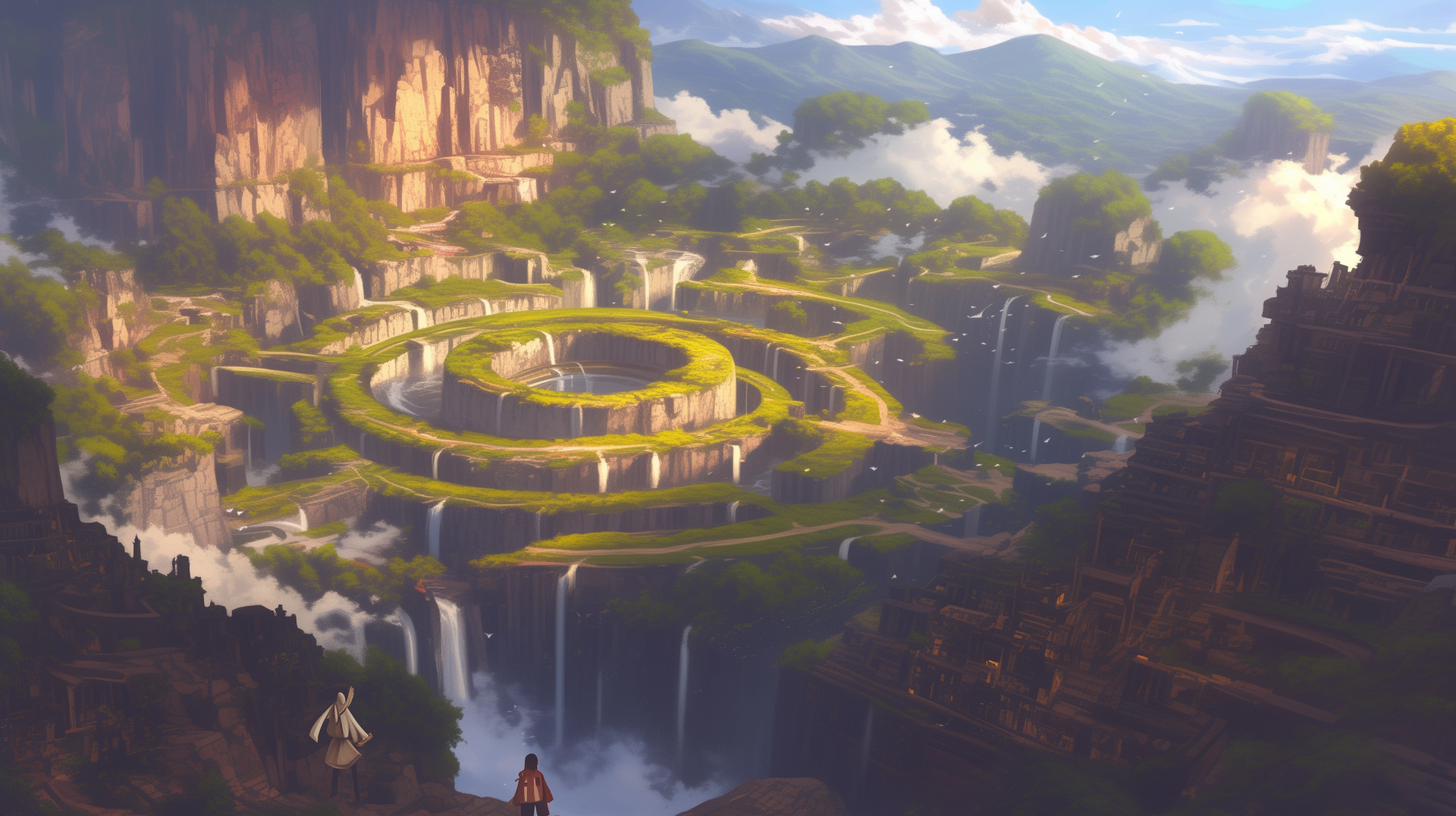 Anime-style HD desktop wallpaper featuring a vast, spiraling labyrinth set within a dramatic mountainous landscape under a cloudy sky.