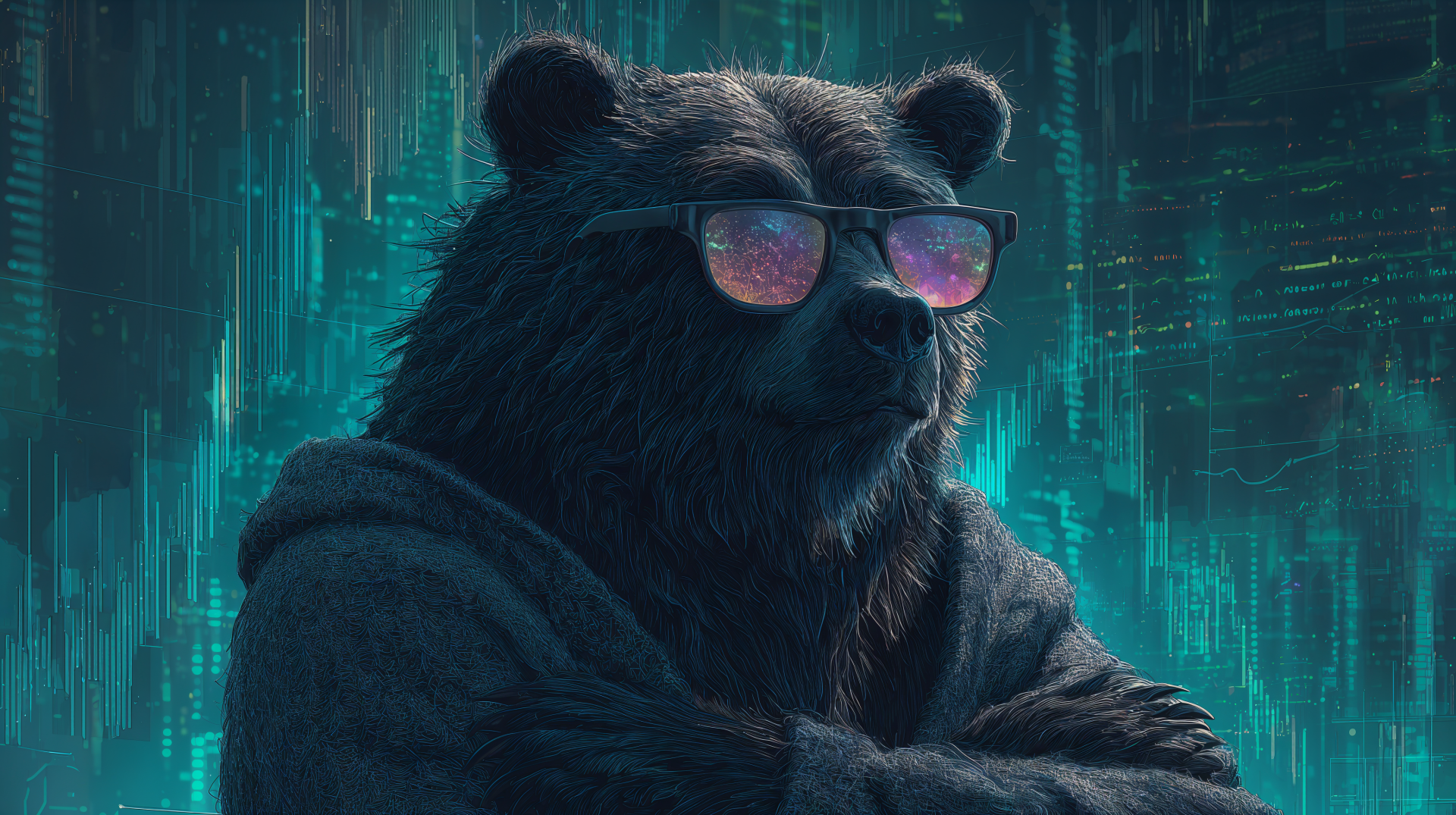 4K Ultra HD PC desktop wallpaper featuring a cool bear wearing reflective sunglasses against a futuristic, digital blue-green background.