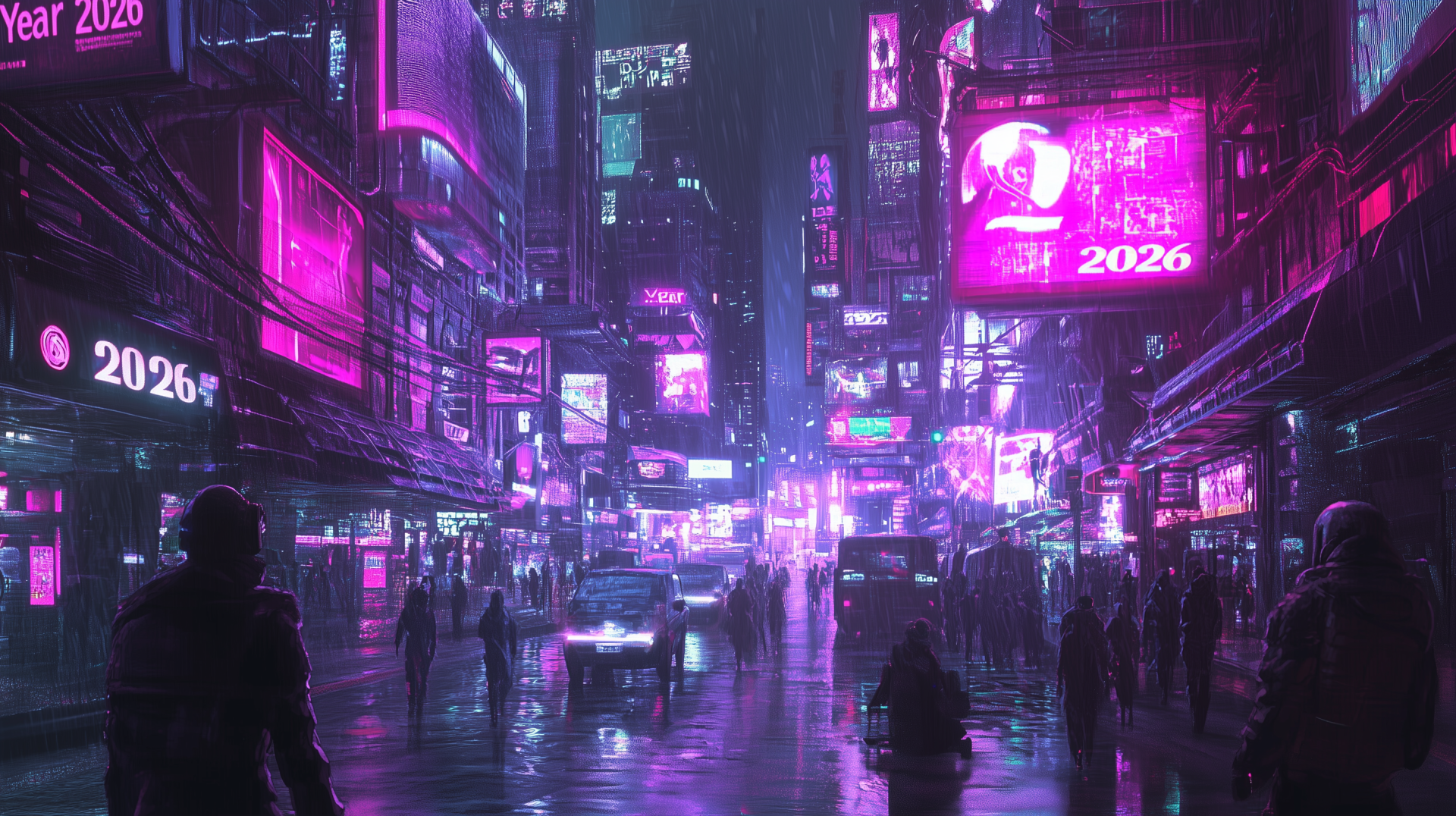 Futuristic cityscape in vibrant purple tones, illuminated by neon signs displaying 2026, captured in HD for a striking PC desktop wallpaper background.