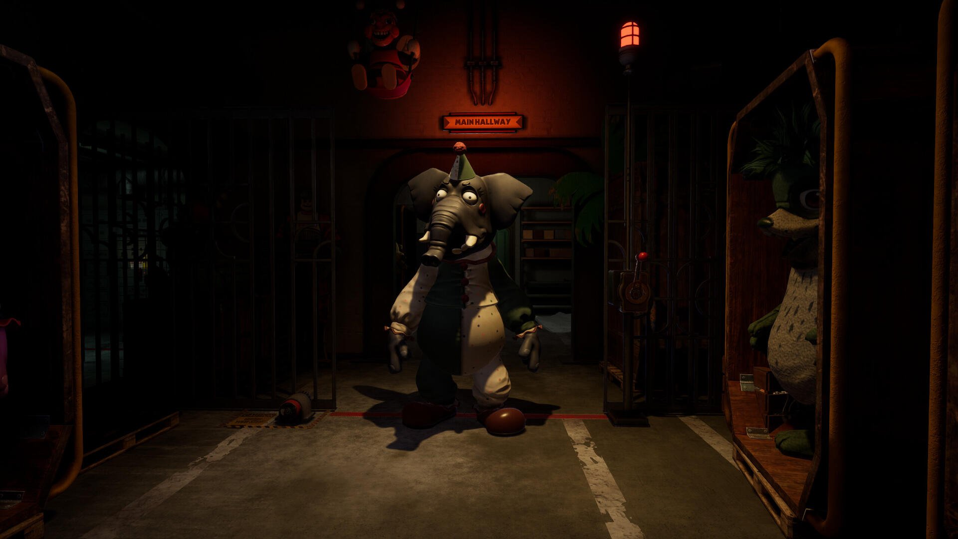 Dark, eerie hallway featuring an animatronic character from the video game Five Nights at Freddy's: Secret of the Mimic as an HD PC desktop wallpaper.