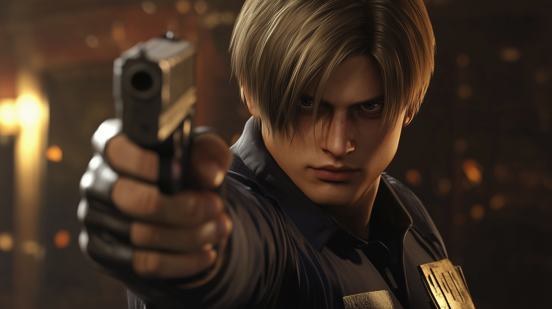 HD PC desktop wallpaper featuring Leon S. Kennedy from the Resident Evil video game, aiming a handgun with intense focus.