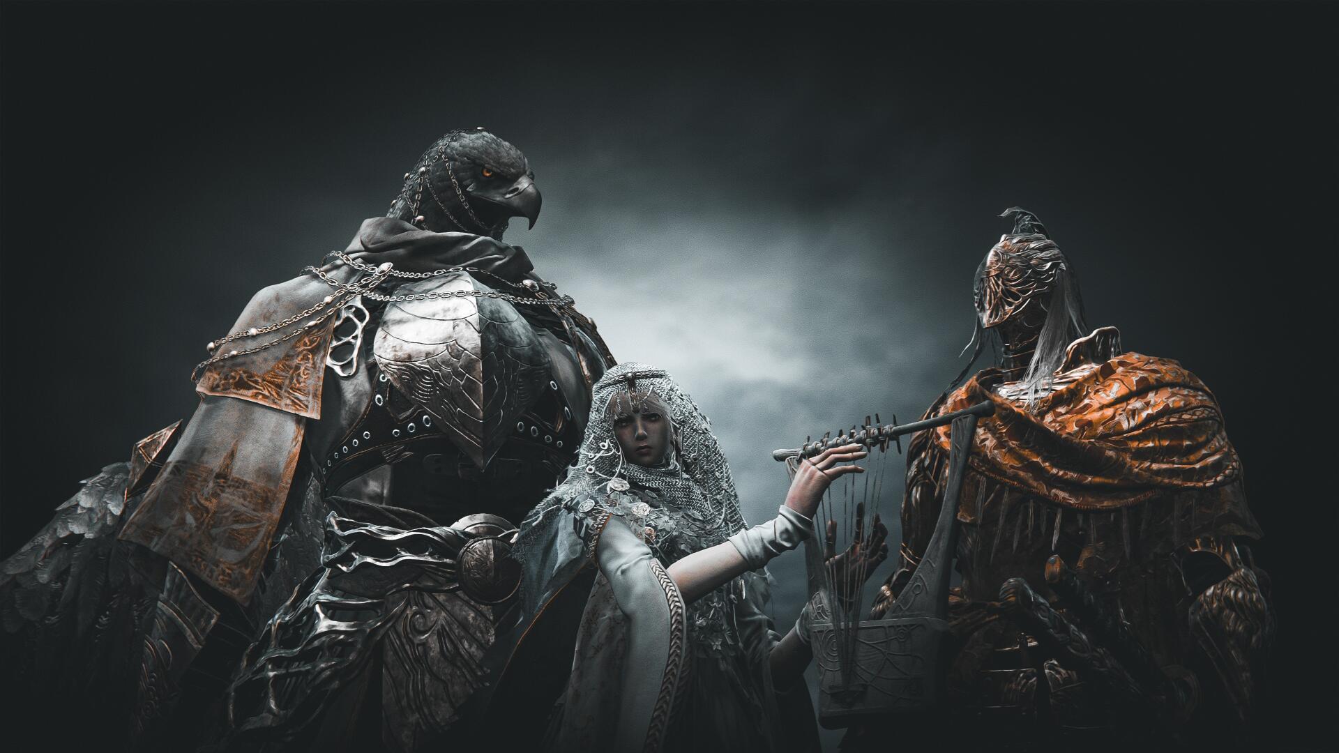 4K Ultra HD desktop wallpaper from the video game Elden Ring, featuring the Nightreign armor set and characters in dark, atmospheric lighting.