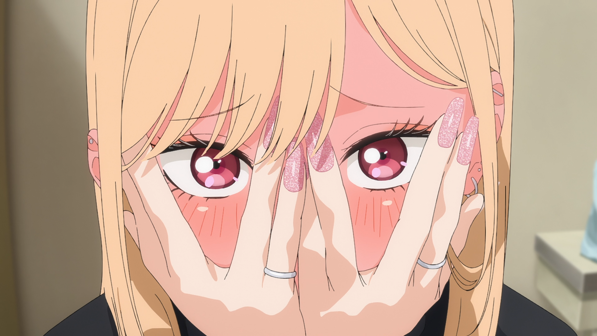 HD PC desktop wallpaper featuring Marin Kitagawa from the anime My Dress-Up Darling with expressive pink eyes and blonde hair.