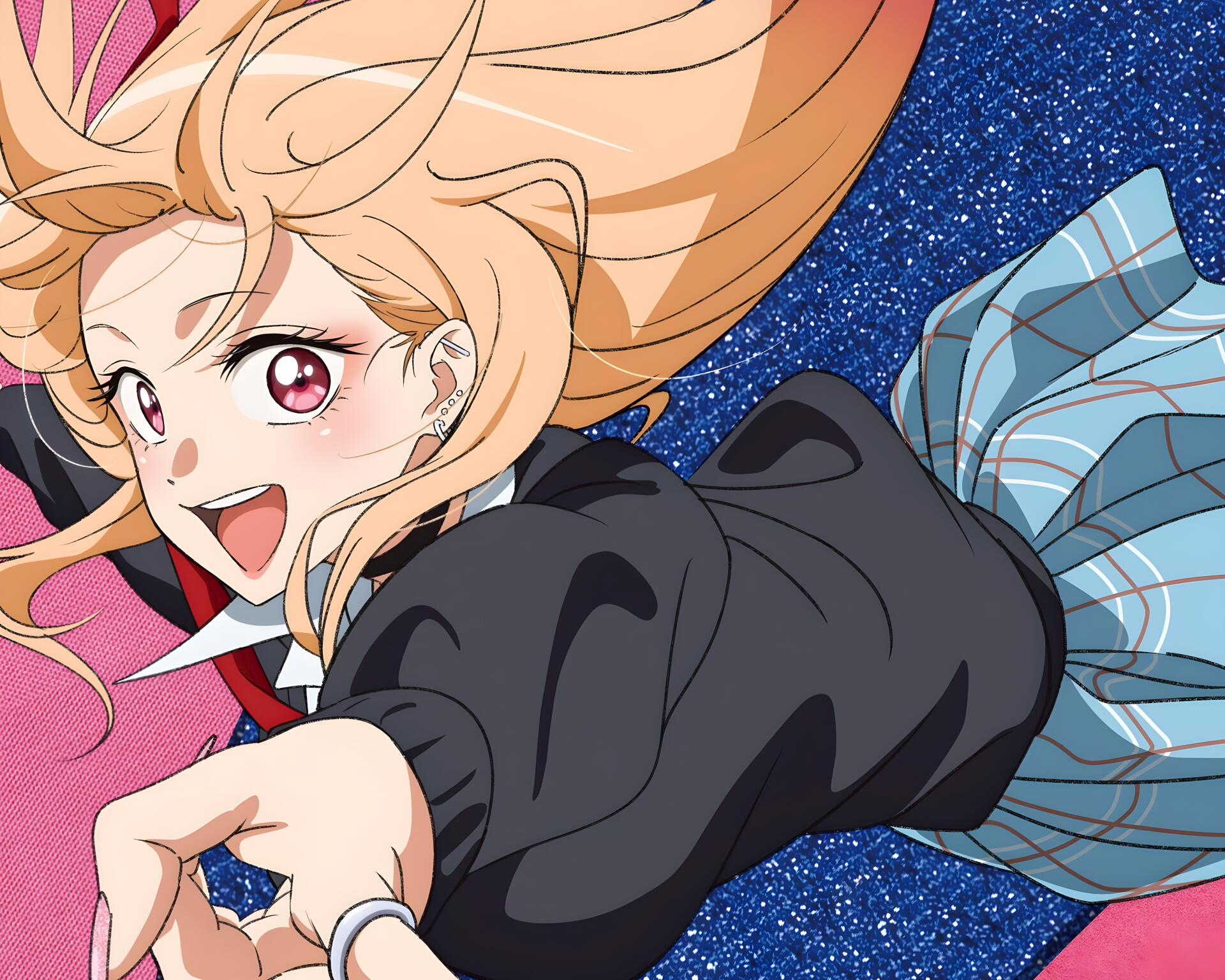 5K Ultra HD desktop wallpaper of Marin Kitagawa (My Dress-Up Darling), smiling and reaching out in her school uniform against a sparkling starry blue background.