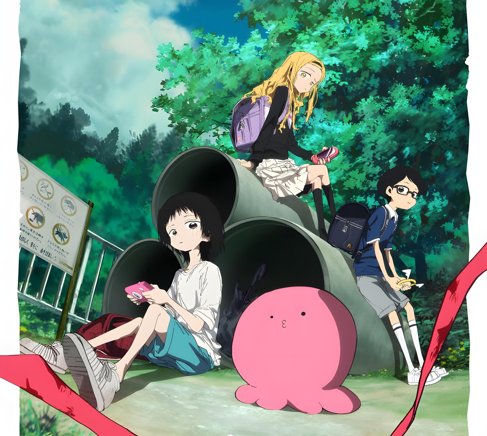 Anime artwork from Takopi's Original Sin: three children and a round pink creature resting in large playground pipes beneath leafy trees — HD PC desktop wallpaper and background.
