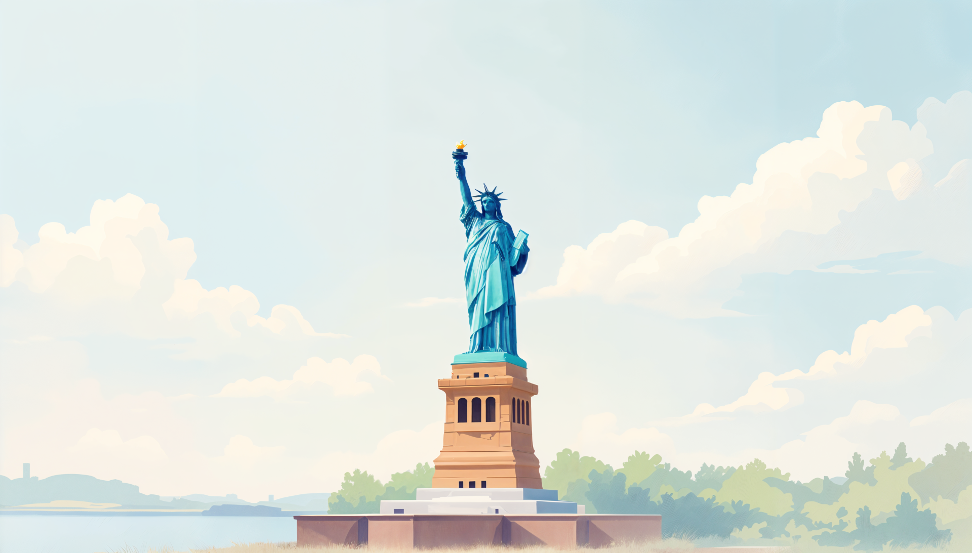 4K Ultra HD desktop wallpaper featuring a vibrant, detailed illustration of the Statue of Liberty against a soft cloudy sky background.