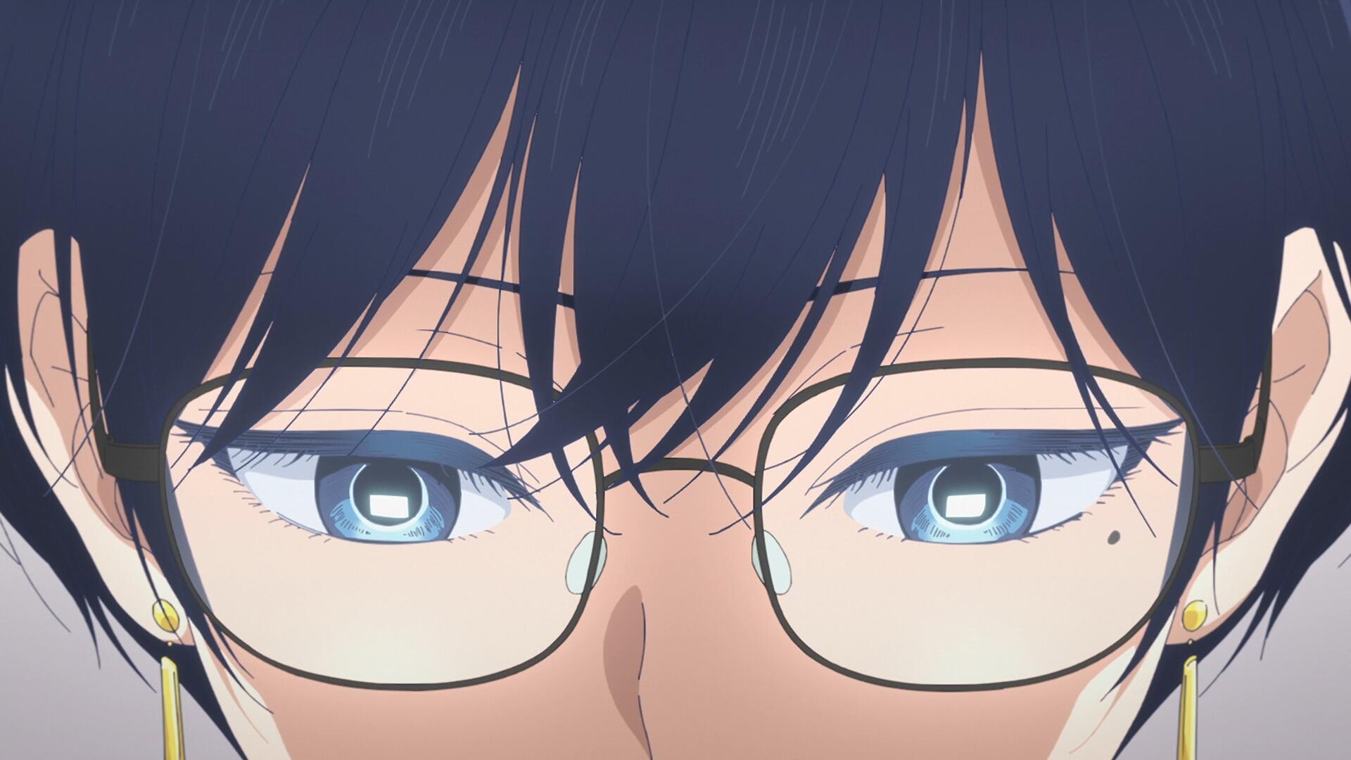 Close-up of Fuji from the anime With You and the Rain, featuring detailed anime eyes and glasses in a high-definition PC desktop wallpaper.