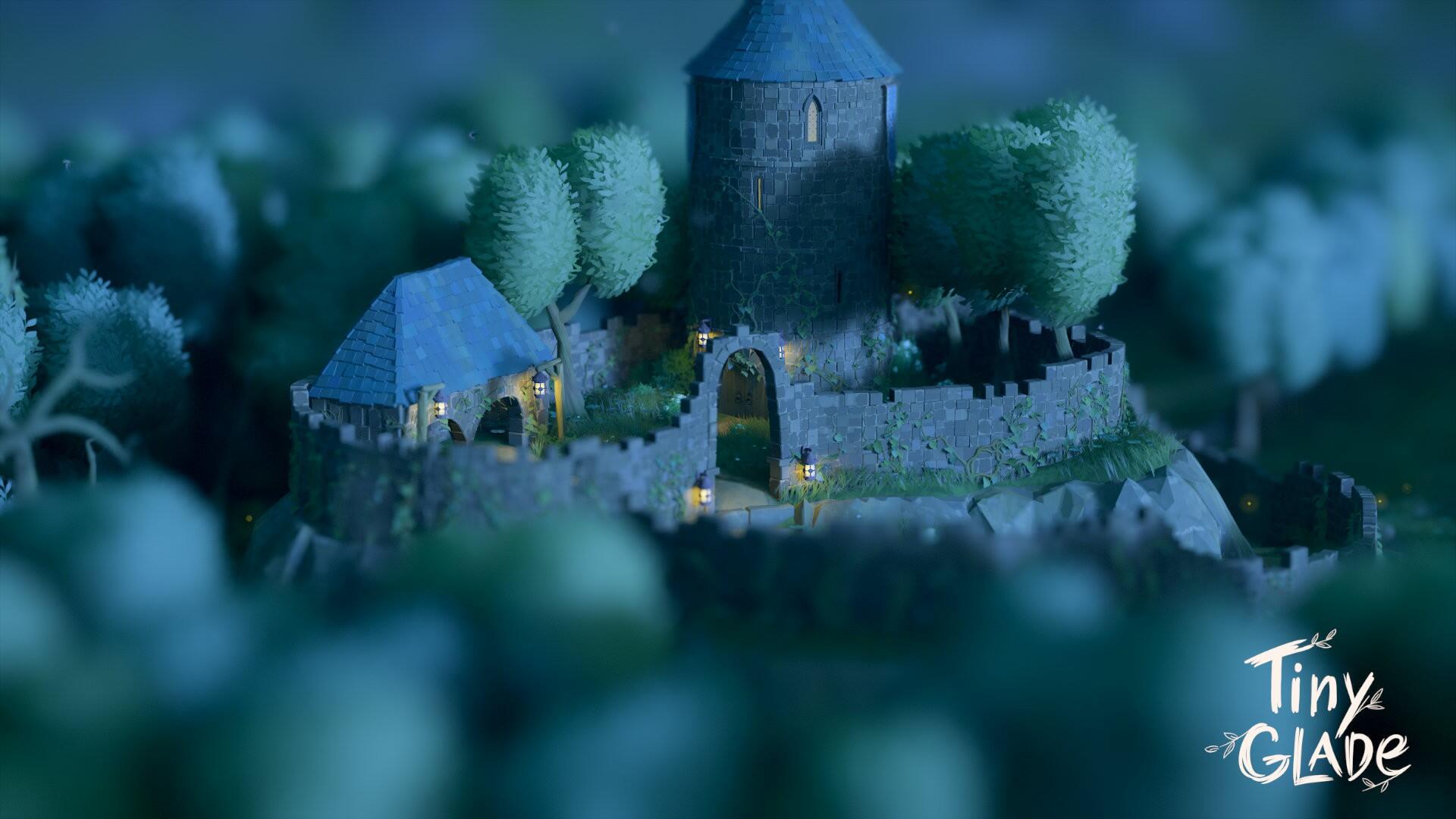 HD PC desktop wallpaper from the video game Tiny Glade depicting a detailed castle surrounded by trees under a moody, atmospheric blue-green light.