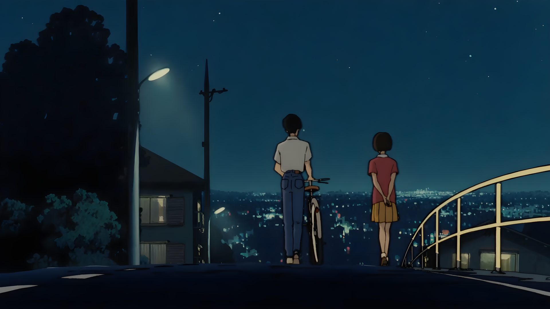 4K Ultra HD anime wallpaper featuring a nighttime scene from Whisper of the Heart, showing two characters standing by a railing overlooking a cityscape under a starry sky.