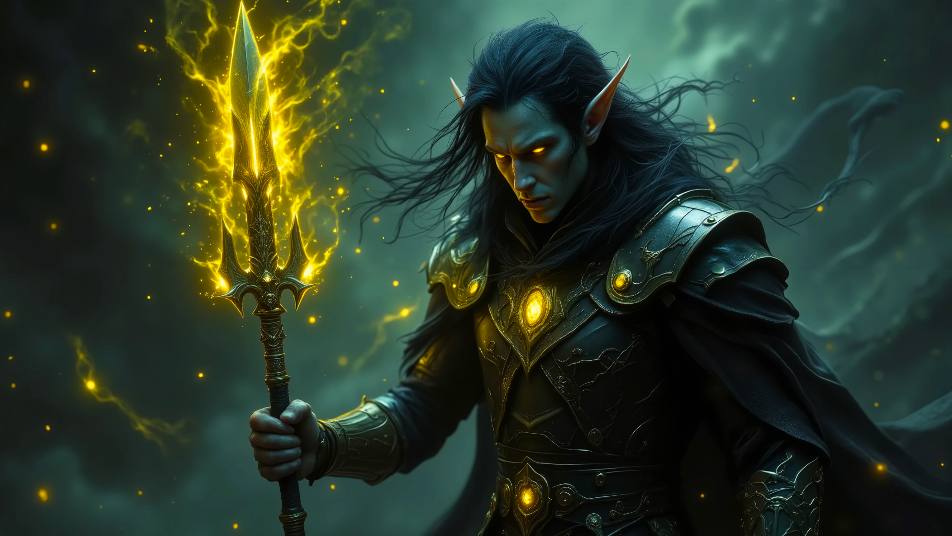 Dark anime fantasy warrior with glowing eyes and magical effects, wielding a fiery trident, embodying the Sword Master in this HD PC desktop wallpaper.