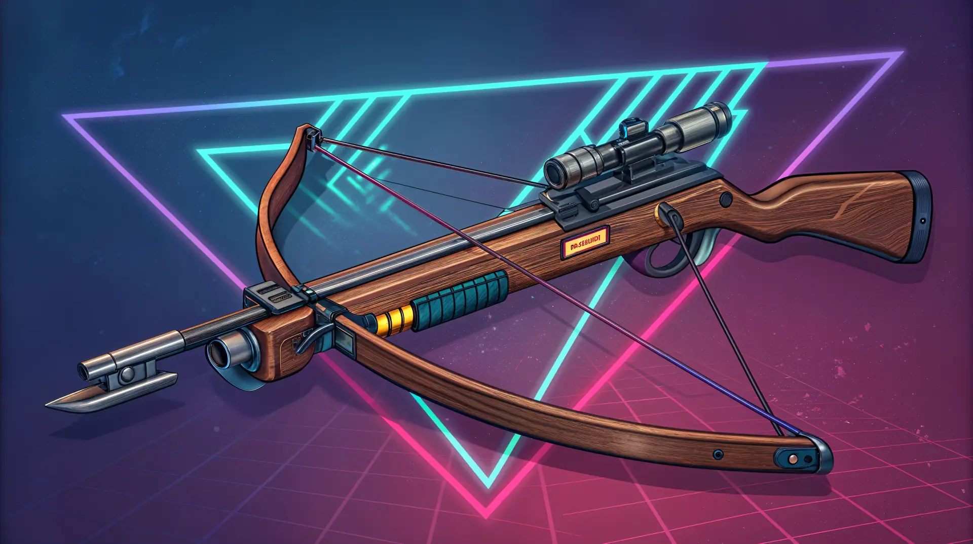 A detailed 4K Ultra HD PC desktop wallpaper featuring a futuristic crossbow with wood and metal elements set against a neon geometric background.