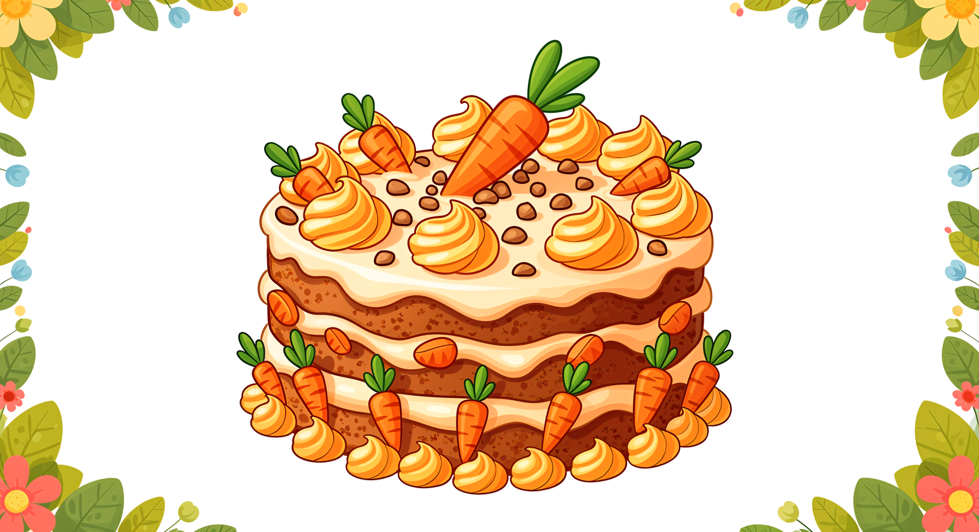 4K Ultra HD wallpaper featuring a detailed, colorful illustration of a layered carrot cake with cream frosting, piped decorations, and carrot toppings on a white background.
