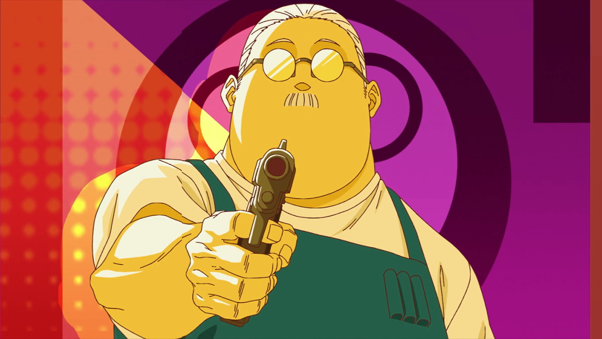 HD anime wallpaper featuring Taro Sakamoto from Sakamoto Days aiming a gun with a bold, colorful geometric background.