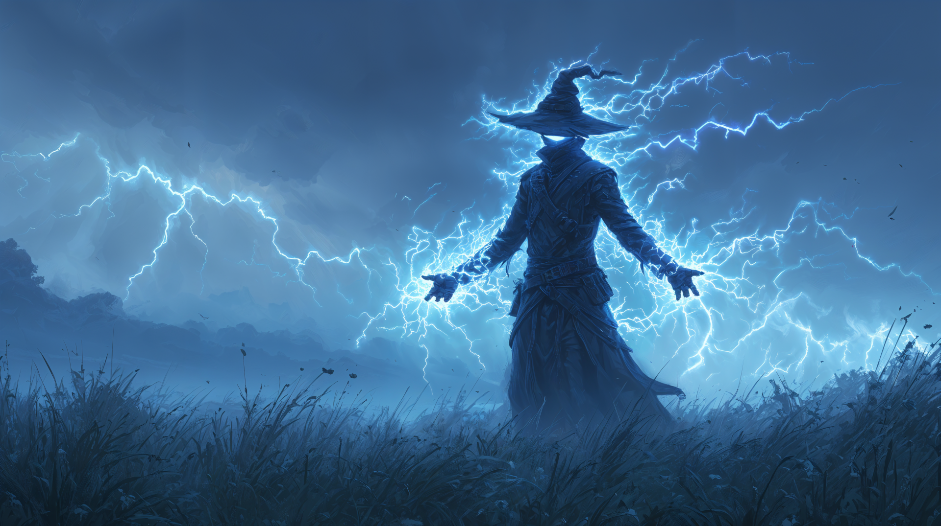 A mage in a wide-brimmed hat casts a powerful lightning spell, illuminating the dark, stormy fantasy landscape in this 4K Ultra HD PC wallpaper.