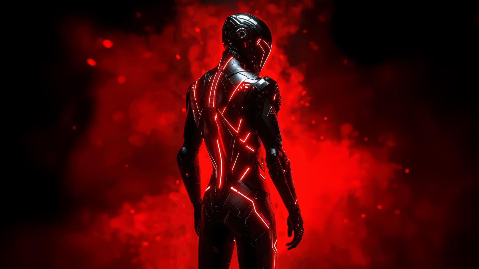 A futuristic armored figure from Tron: Ares stands against a glowing red background in this 4K Ultra HD sci-fi movie wallpaper.