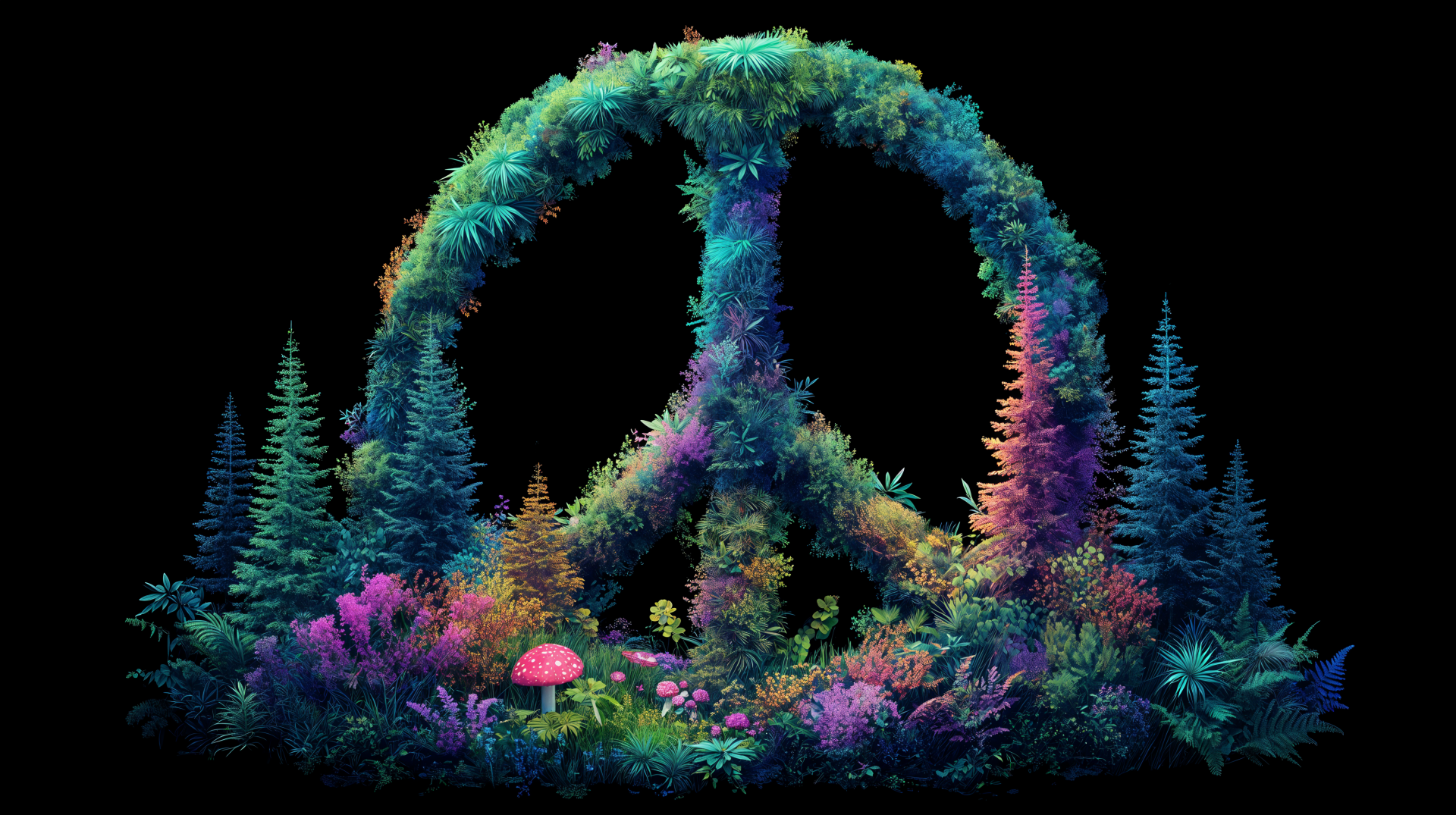 4K Ultra HD desktop wallpaper featuring a vibrant peace symbol made of colorful foliage and surrounded by lush plants against a black background.
