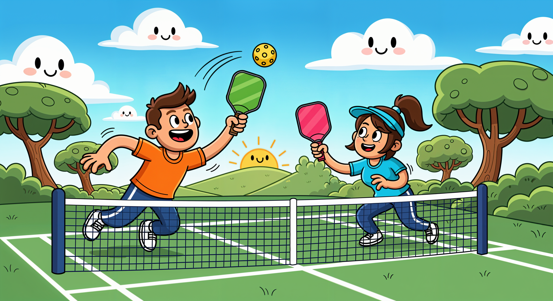 Colorful 4K Ultra HD pickleball wallpaper showing two animated players enthusiastically hitting a ball over a net in a bright, cheerful outdoor setting.