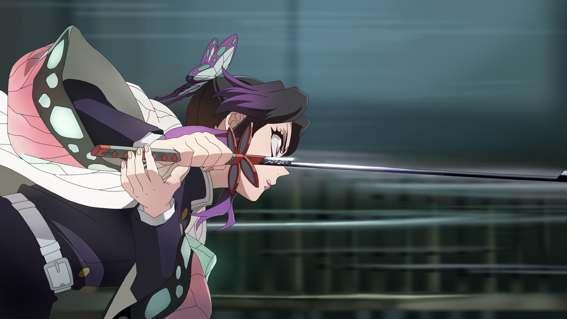 Anime-style 4K Ultra HD desktop wallpaper featuring Shinobu Kochou from Demon Slayer: Kimetsu no Yaiba in a dynamic action pose.