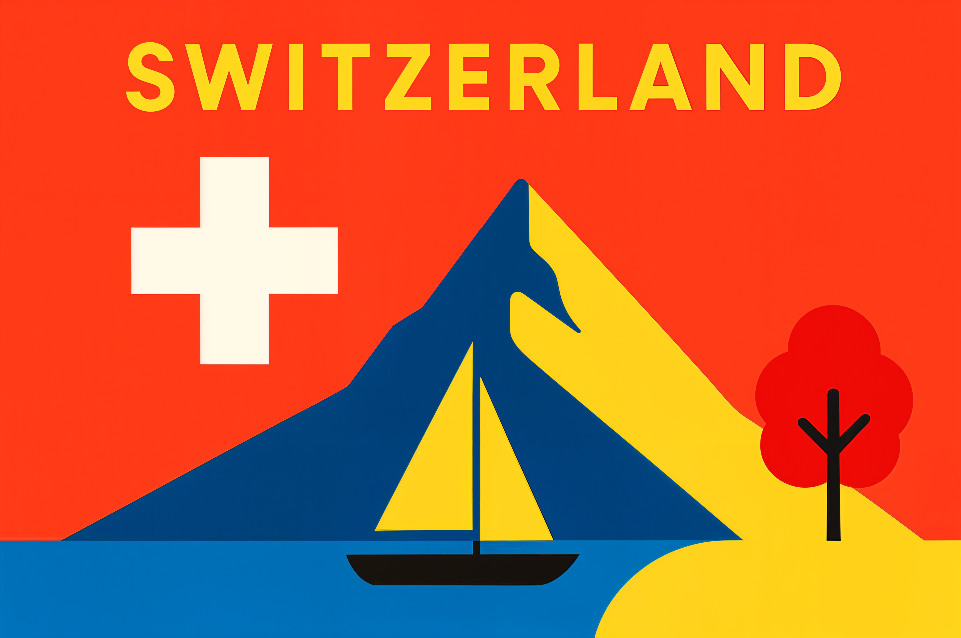 4K Ultra HD desktop wallpaper featuring a stylized Switzerland scene with a blue mountain, a sailboat, a red tree, and the Swiss flag on an orange background.