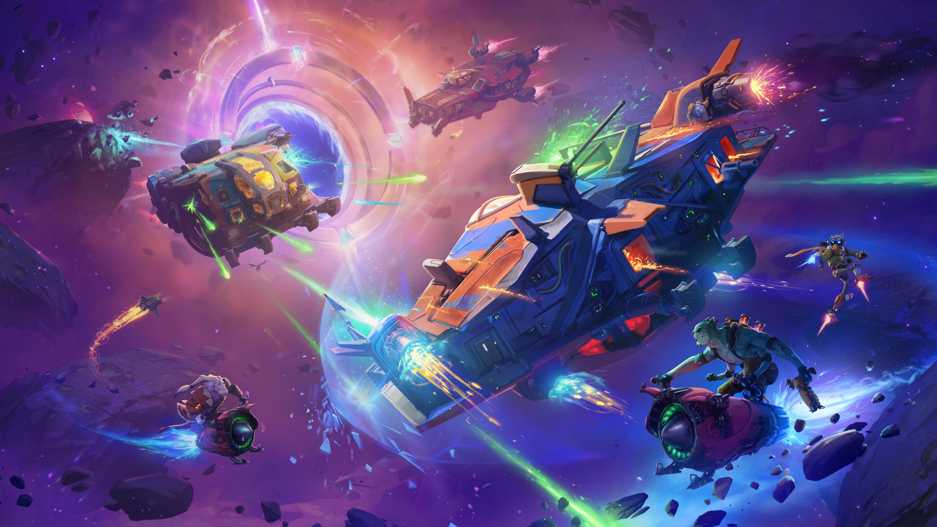 A dynamic 4K Ultra HD PC wallpaper depicting an intense space battle from the video game Wildgate, featuring futuristic ships and vibrant cosmic colors.