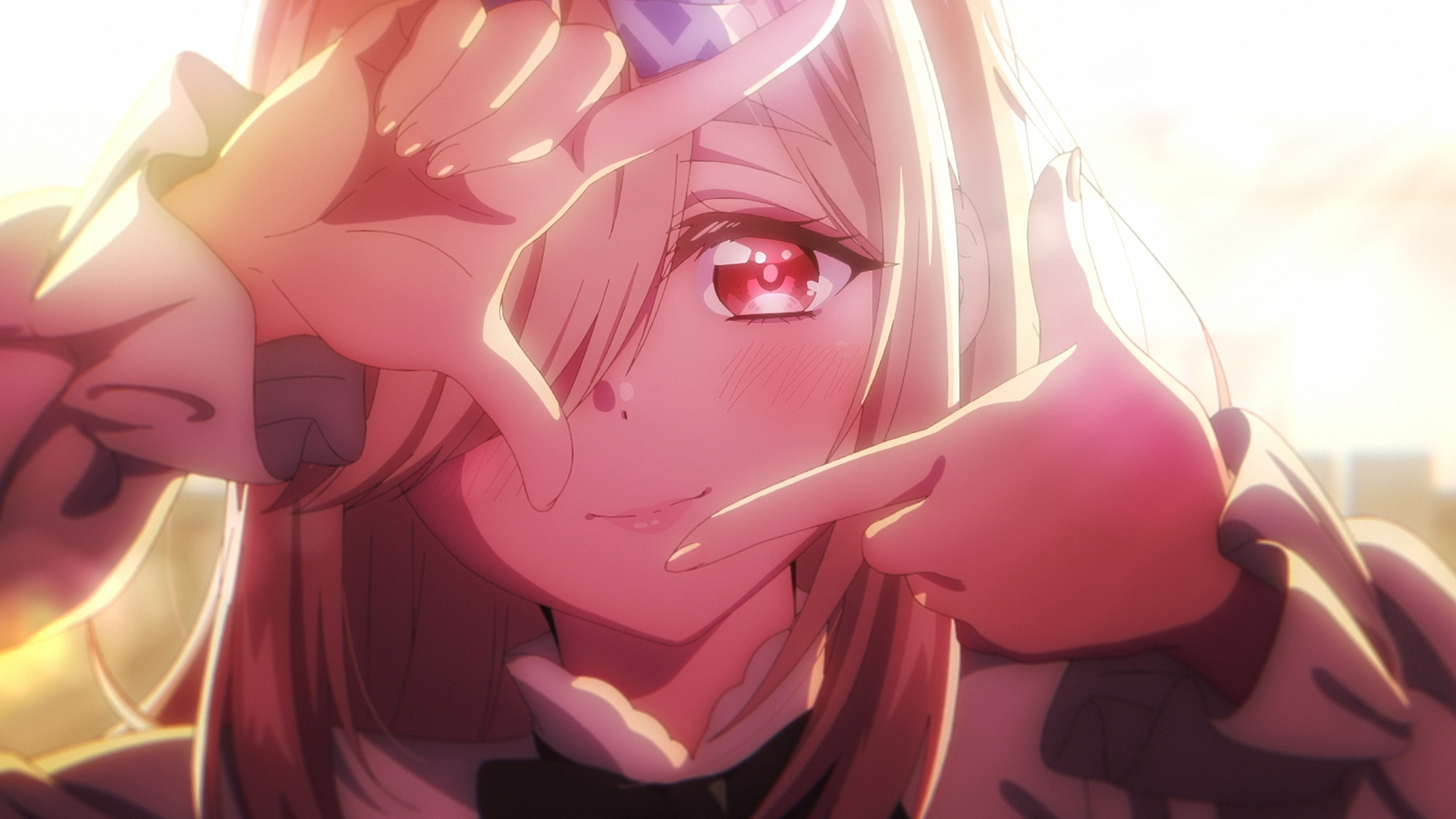 HD anime desktop wallpaper featuring Ai Mochizuki from A Couple of Cuckoos, showcasing a close-up with warm lighting and a playful hand gesture framing her face.