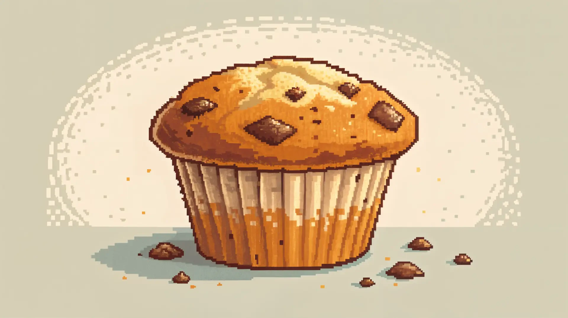 Pixel art of a chocolate chip muffin on a light background, designed as a 4K Ultra HD PC desktop wallpaper and background.