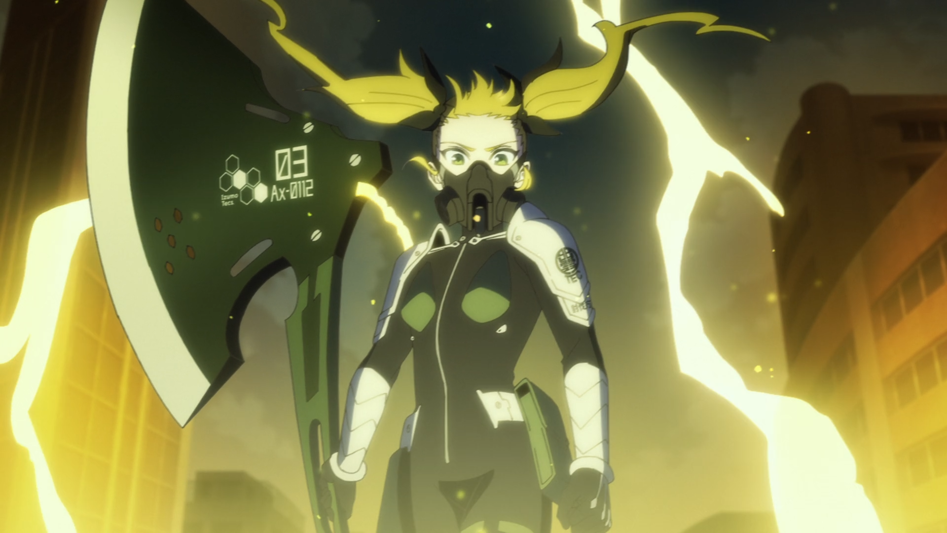 HD anime desktop wallpaper featuring Kikoru Shinomiya from Kaiju No. 8, standing with a large weapon amid glowing yellow energy in an intense urban background.