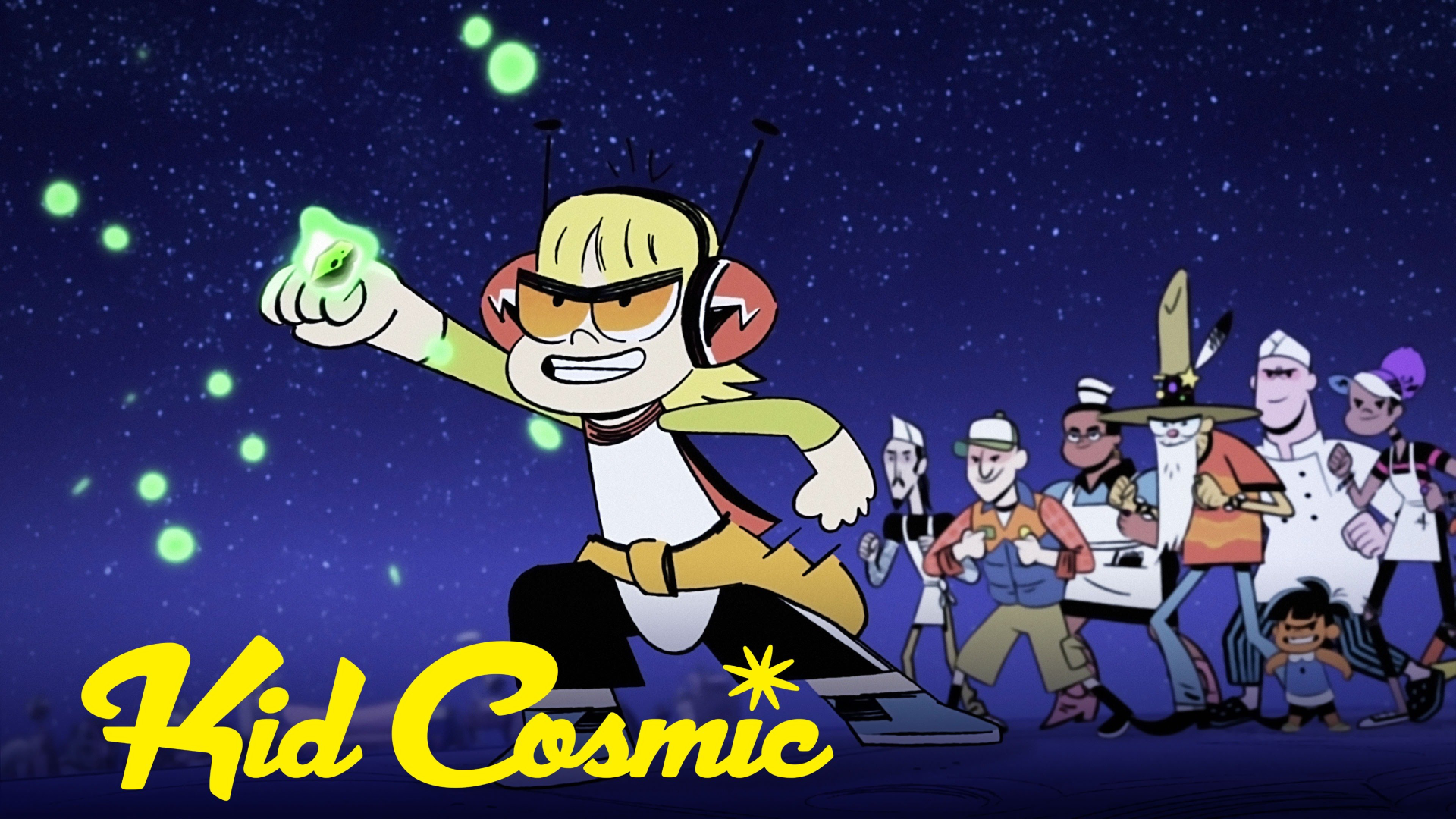 Kid Cosmic characters in action under a starry sky, featured in a vibrant 4K Ultra HD PC desktop wallpaper and background.
