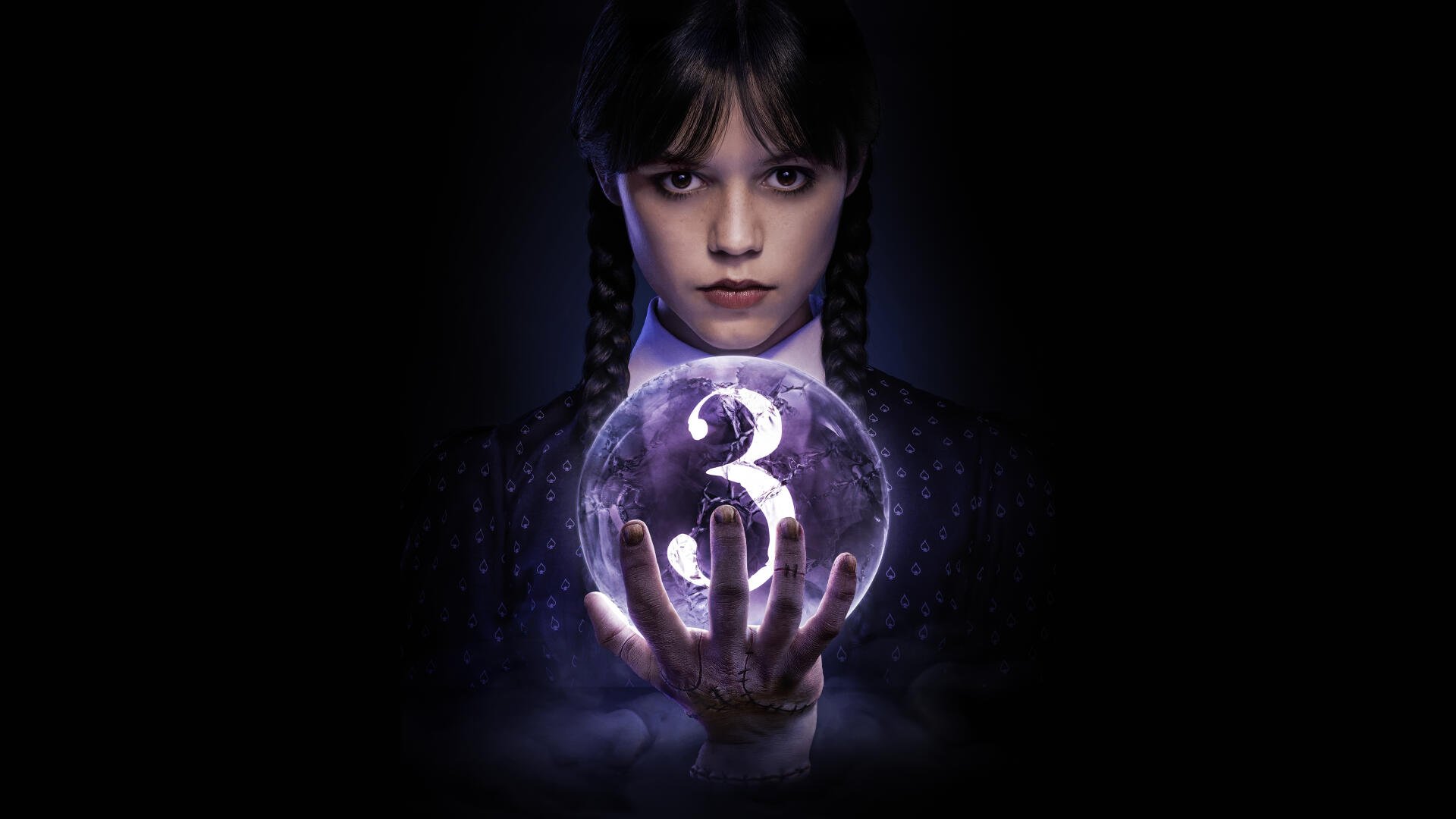 A 4K Ultra HD desktop wallpaper featuring Wednesday from the TV show, holding a glowing orb with the number 3 against a dark, mysterious background.