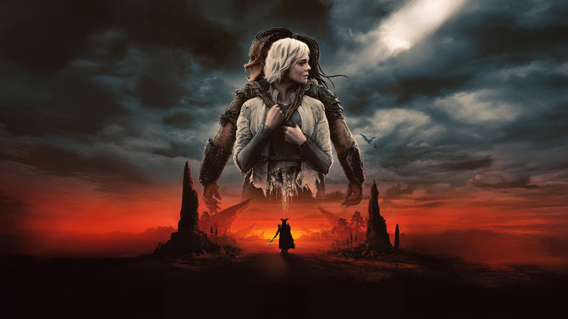 Predator: Badlands 4K Ultra HD PC desktop wallpaper featuring a dramatic desert landscape with a mysterious cloaked figure and two larger characters looming above.