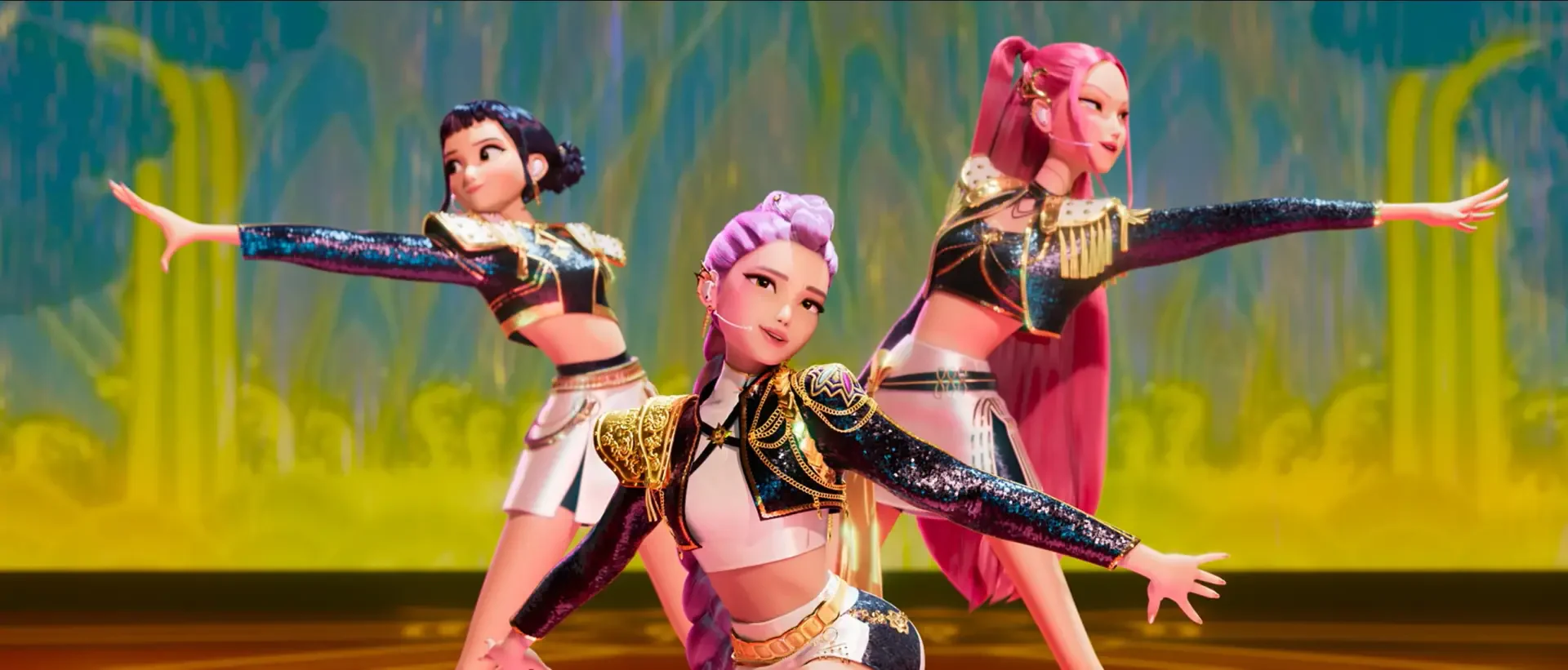 HD PC desktop wallpaper featuring animated characters from the KPop Demon Hunters movie in dynamic, colorful poses.