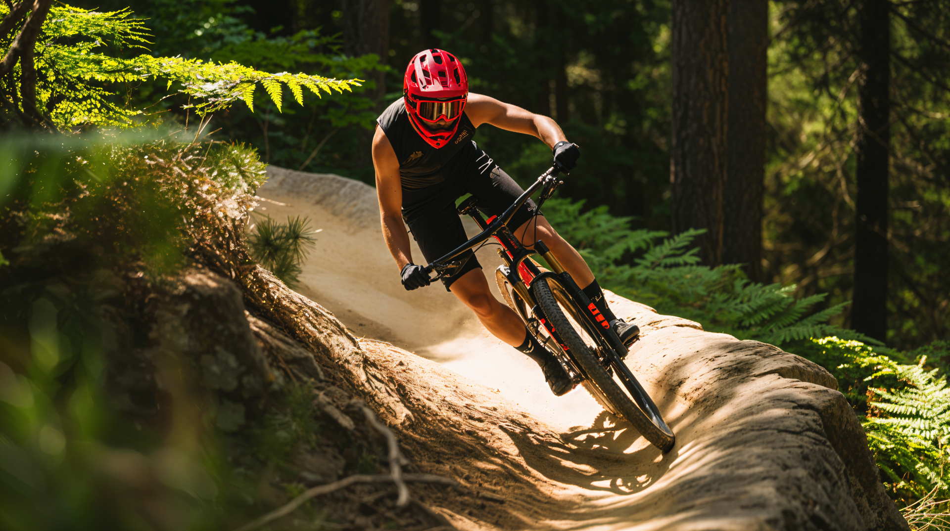 A mountain biker wearing a red helmet rides aggressively on a forest trail, captured in vibrant detail in this 4K Ultra HD desktop wallpaper.
