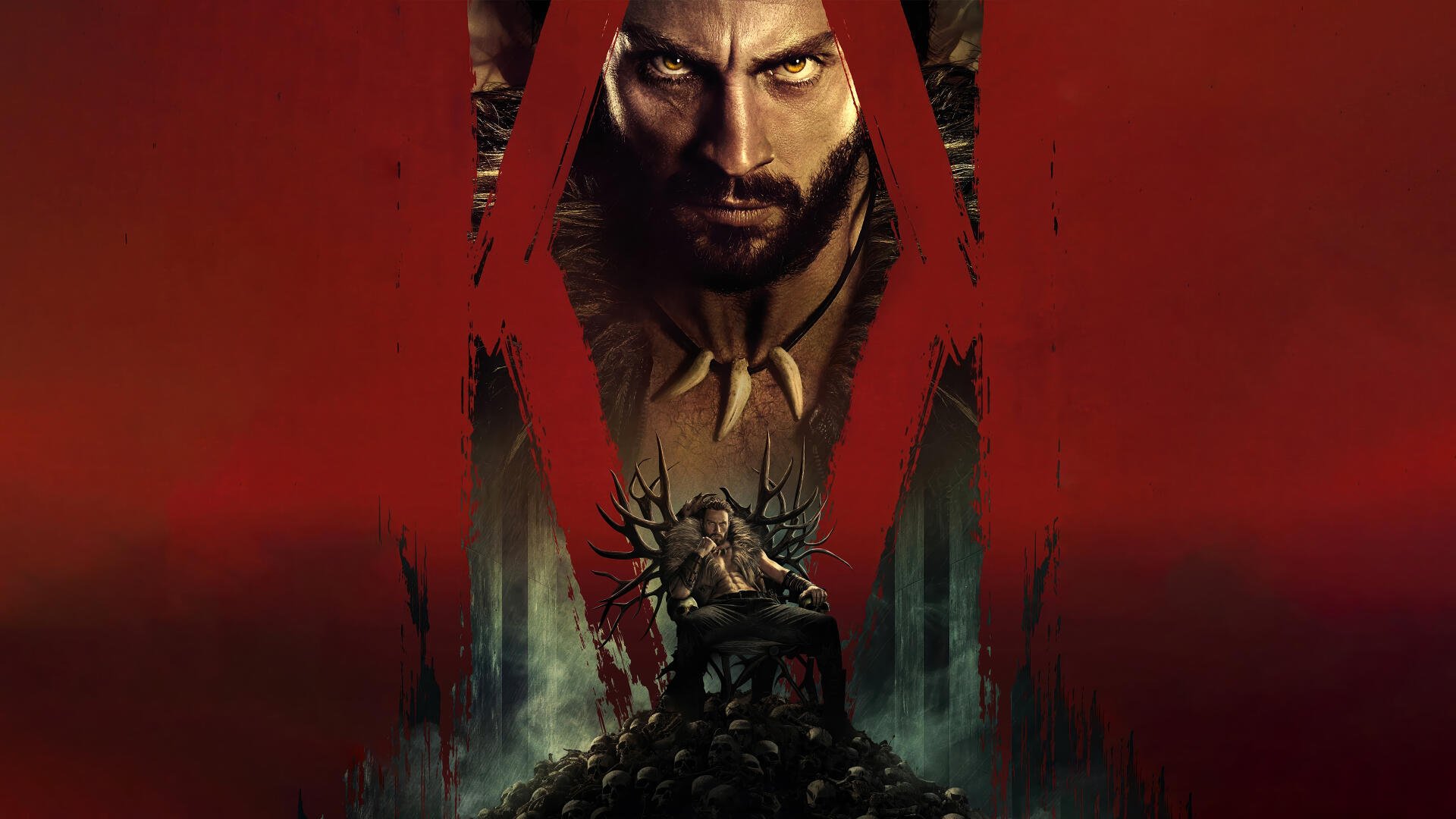 Kraven the Hunter (2024) 4K Ultra HD PC desktop wallpaper featuring a fierce portrait with dark tones and intense red highlights.