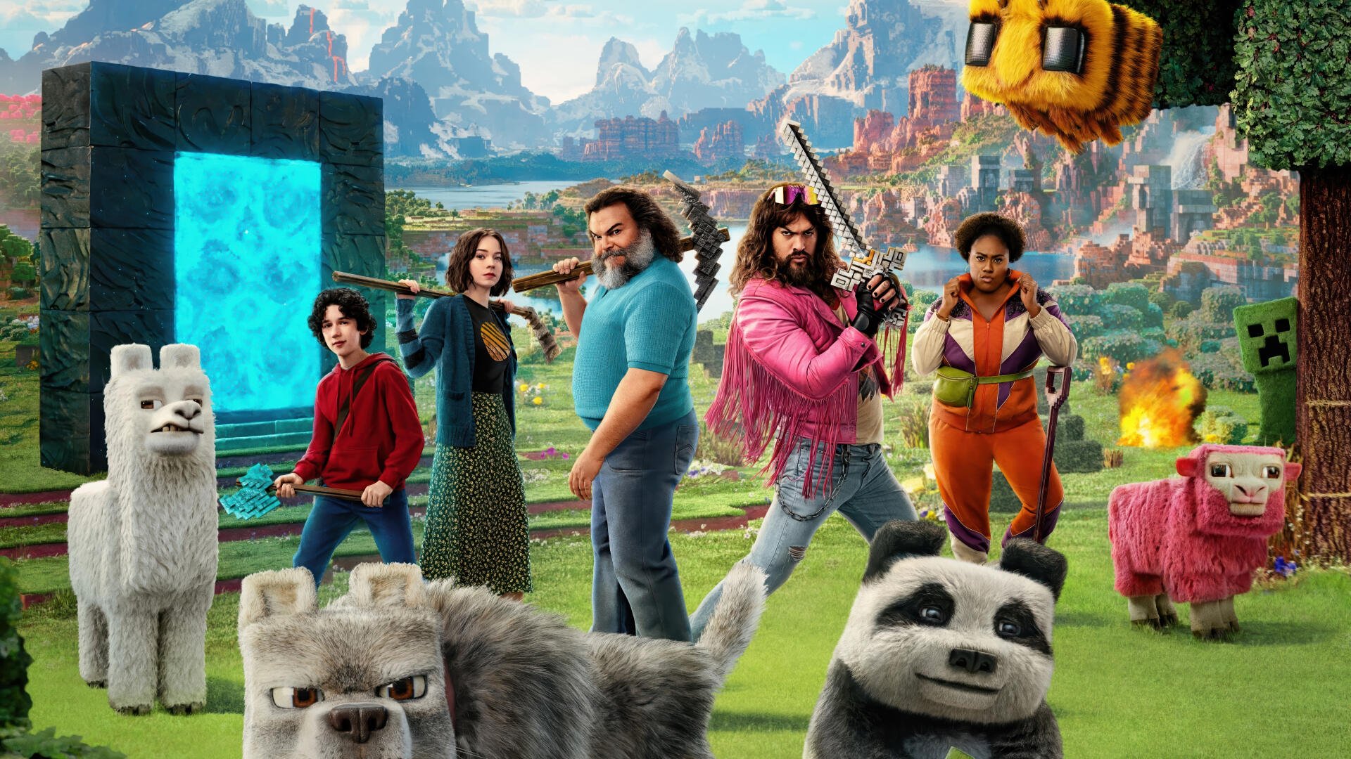 A vibrant 4K Ultra HD Minecraft Movie PC desktop wallpaper featuring live-action characters and animated Minecraft animals in a colorful, blocky landscape.