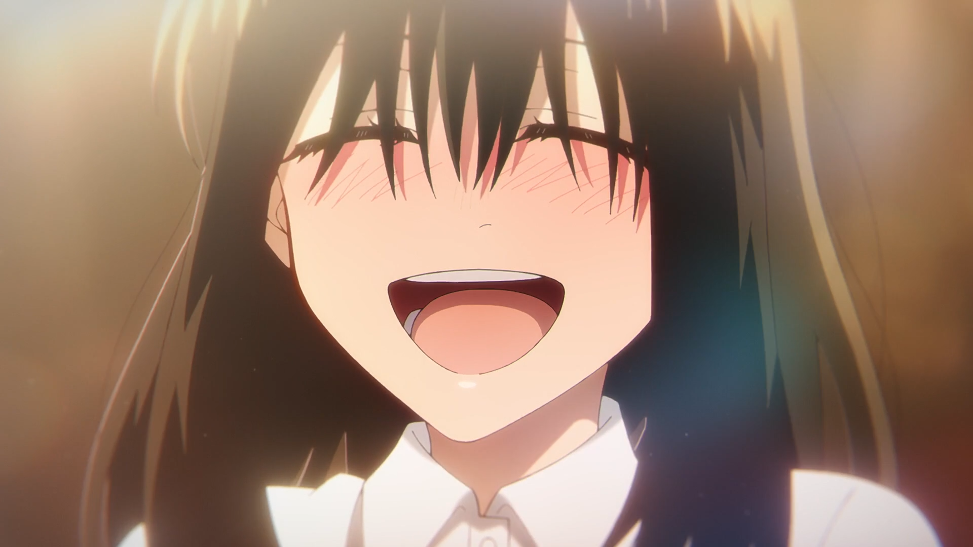 HD anime wallpaper featuring Kabura Honda from Call of the Night, smiling with eyes closed, bathed in warm light.