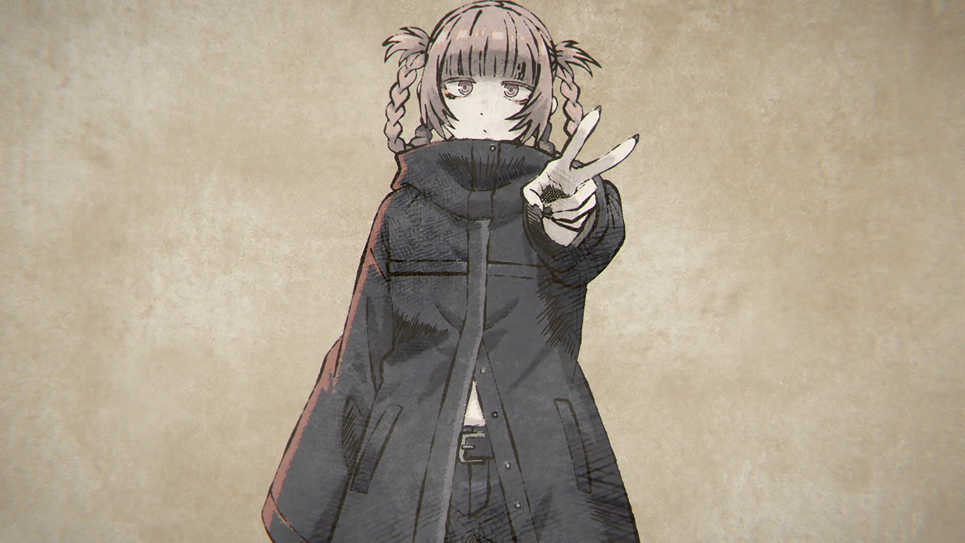 Anime-style HD desktop wallpaper featuring Nazuna Nanakusa from Call of the Night, showing a neutral-toned illustration of her with braided hair and a dark oversized coat.