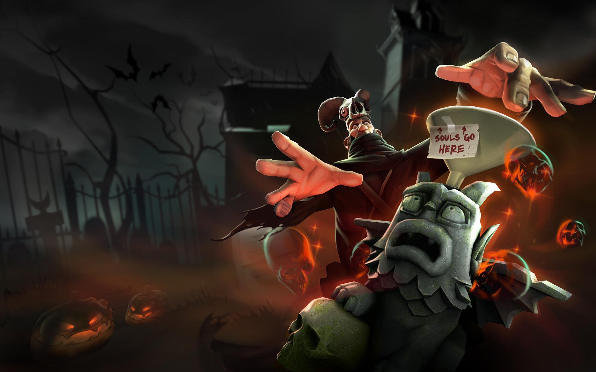 HD desktop wallpaper featuring a Halloween-themed Team Fortress 2 scene with spooky characters and eerie background, capturing the game's festive gaming atmosphere.