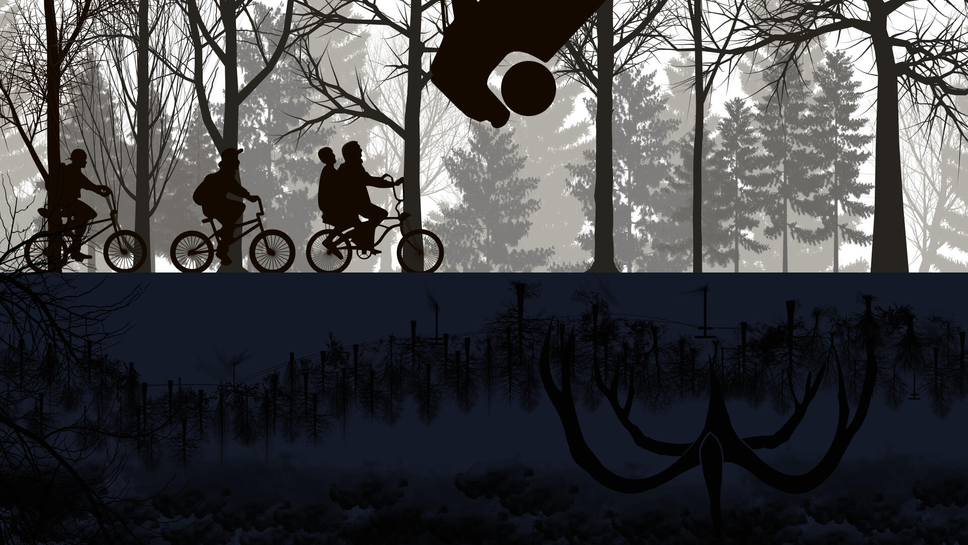 Stranger Things 4K Ultra HD PC desktop wallpaper showing silhouetted kids on bikes in a dark forest above shadowy creatures lurking below.