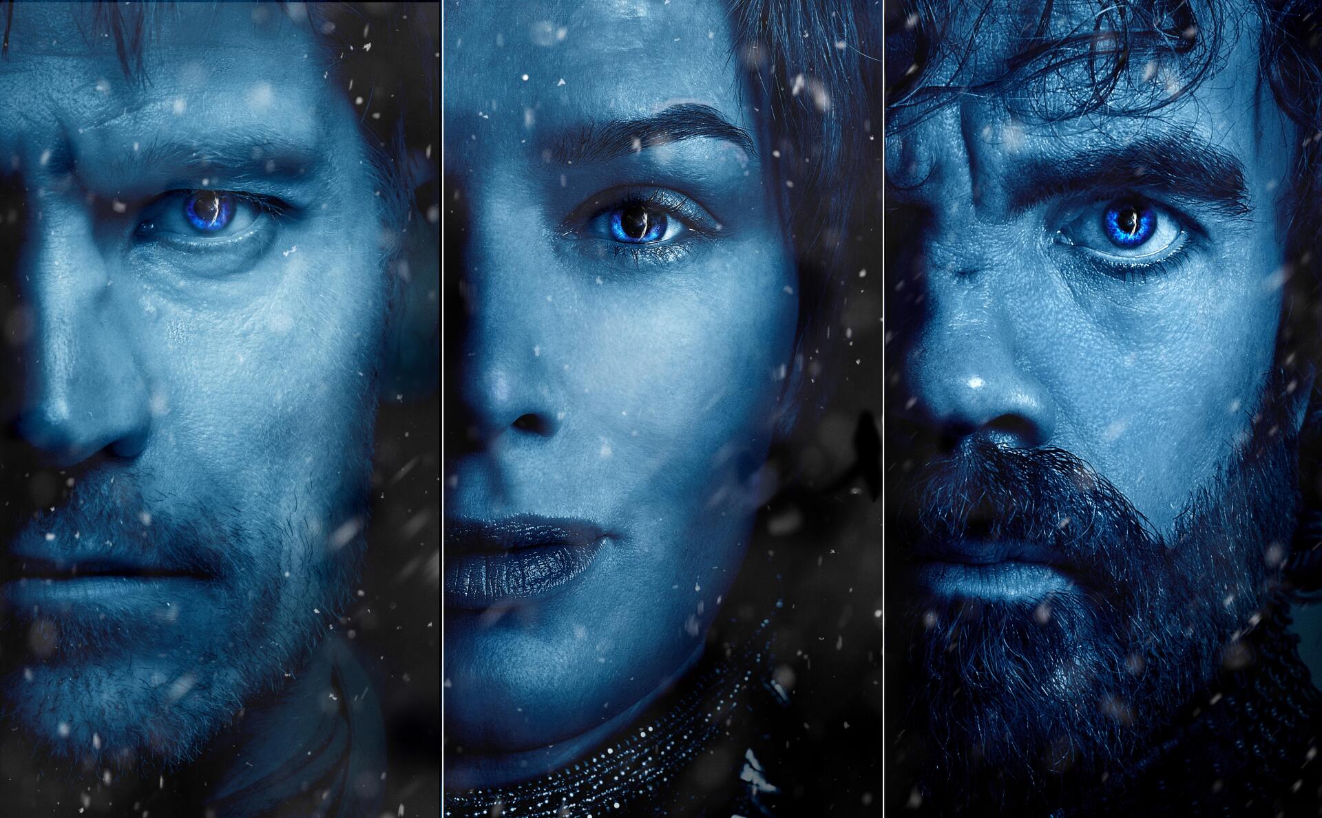 4K Ultra HD Game of Thrones PC desktop wallpaper featuring close-up portraits of three iconic characters with intense blue-toned lighting and snow effects.