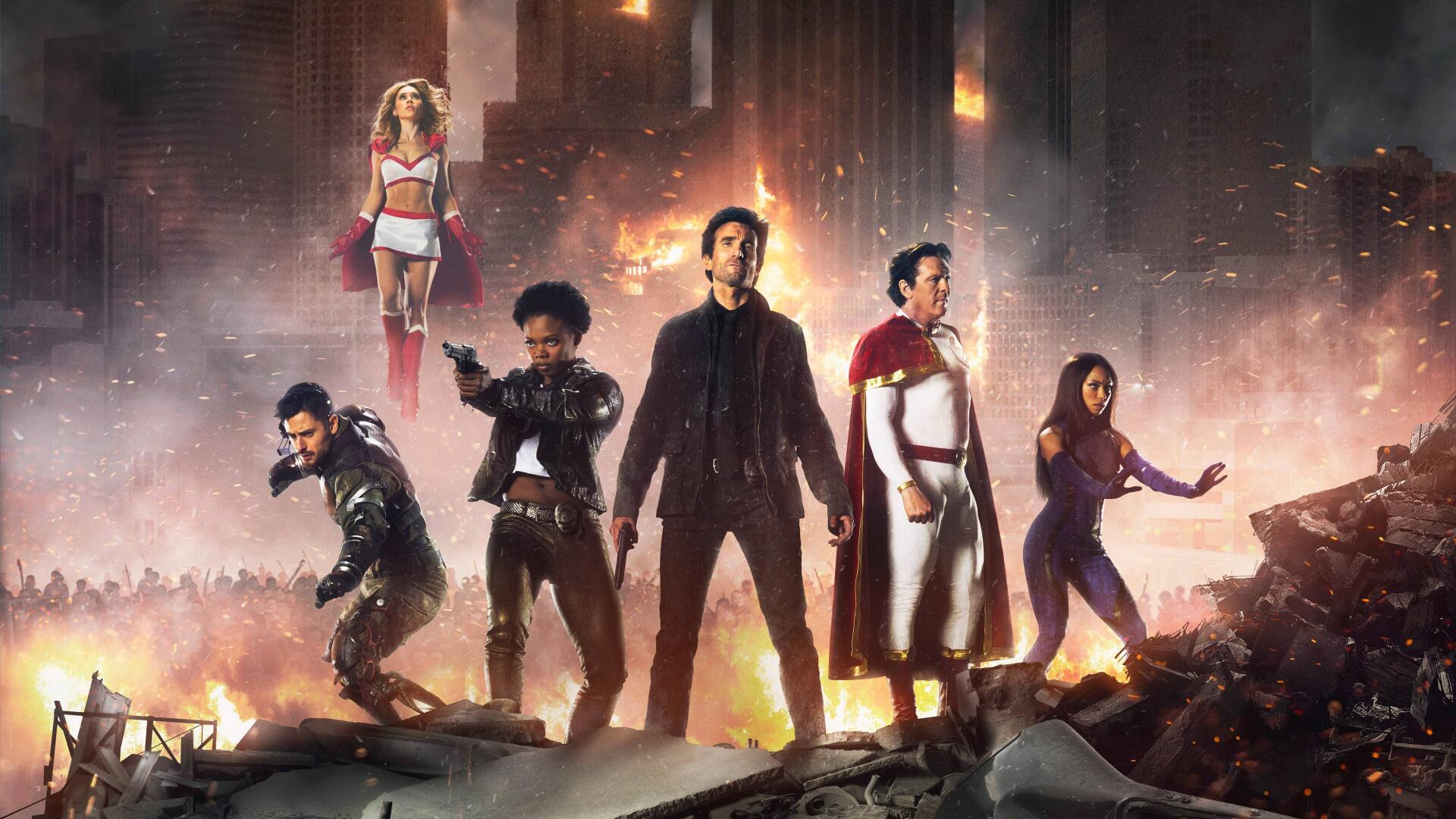 4K Ultra HD desktop wallpaper featuring the main cast of Power (TV Show) standing boldly amid a dramatic, fiery urban backdrop.