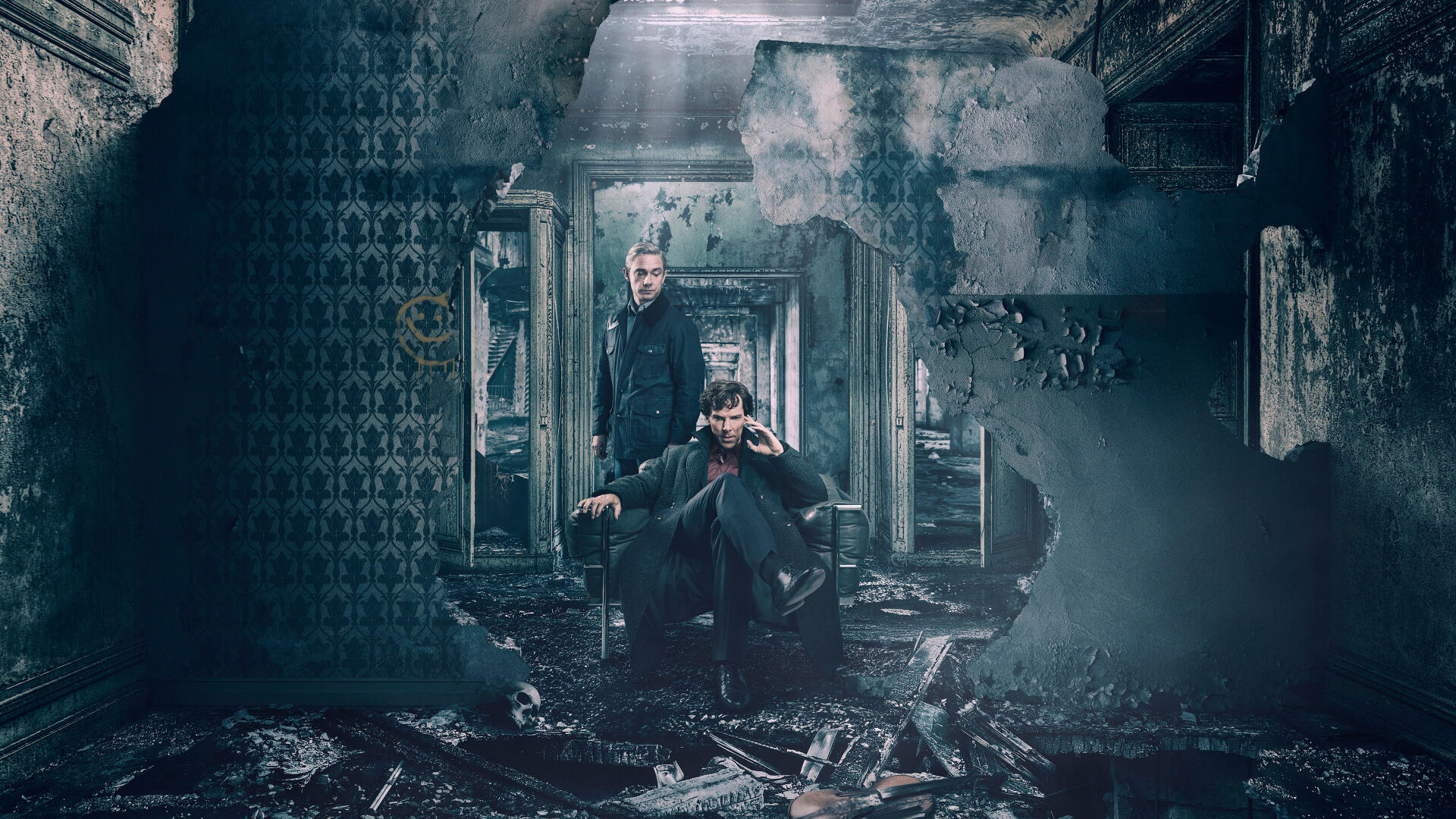 4K Ultra HD PC desktop wallpaper featuring characters from Sherlock (TV series) in a dark, decayed building interior with layered doorways and debris.