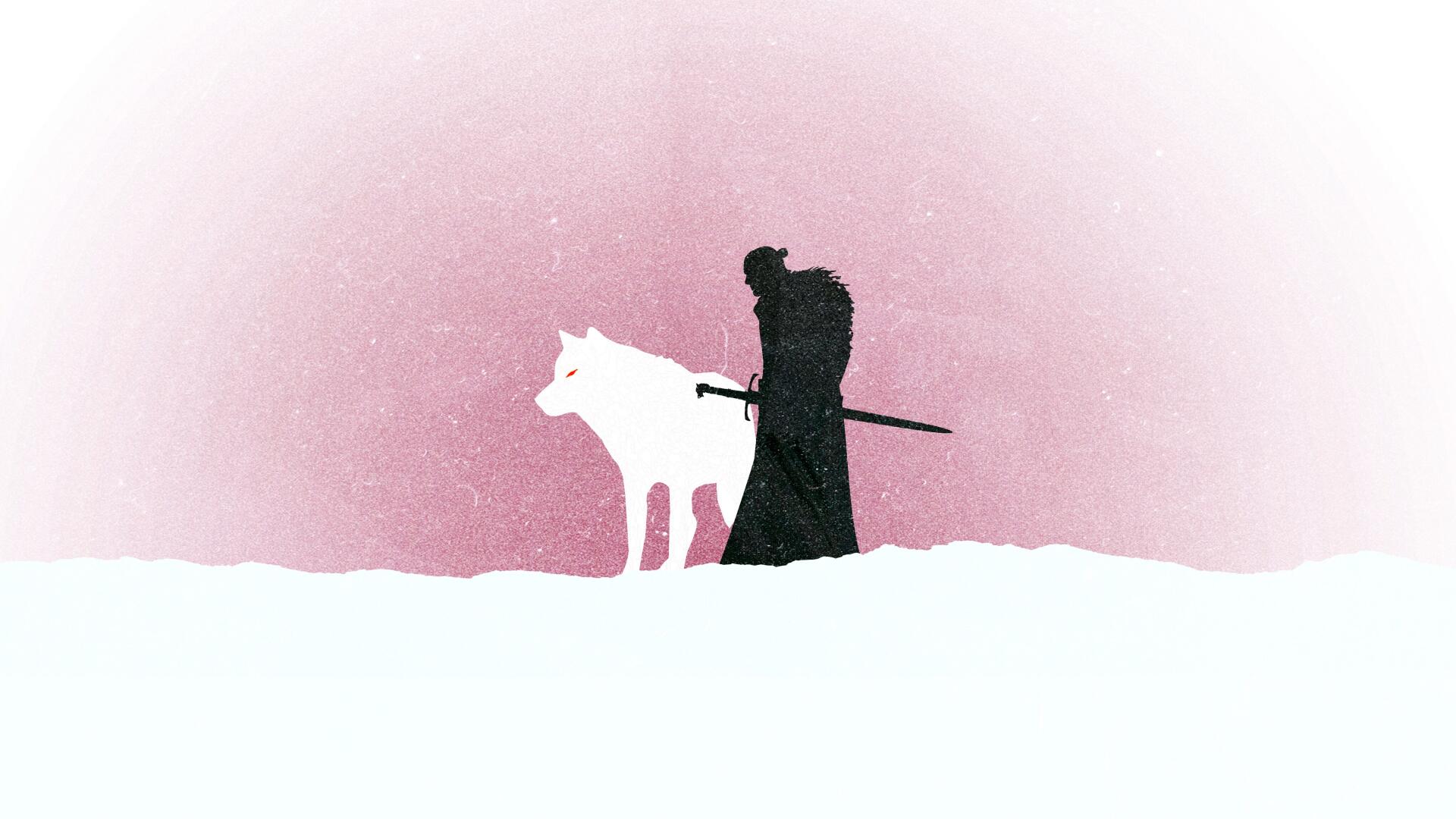 Minimalist 4K Ultra HD Game of Thrones desktop wallpaper featuring a silhouette of a cloaked figure with a sword and a white wolf against a soft pink and snowy background.