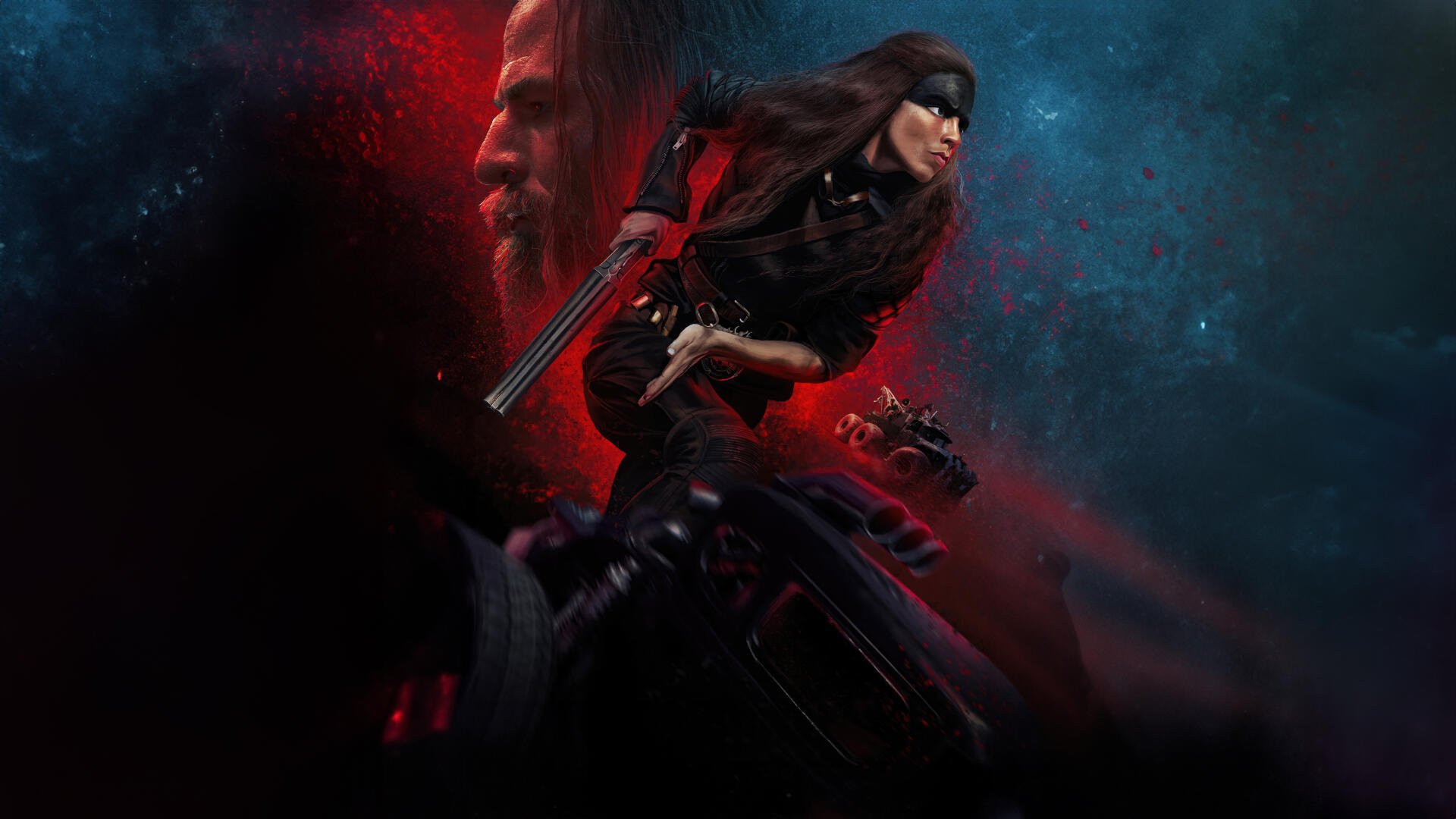 Furiosa: A Mad Max Saga 4K Ultra HD PC desktop wallpaper featuring a dynamic action scene with Furiosa holding a weapon against a dark, atmospheric background.