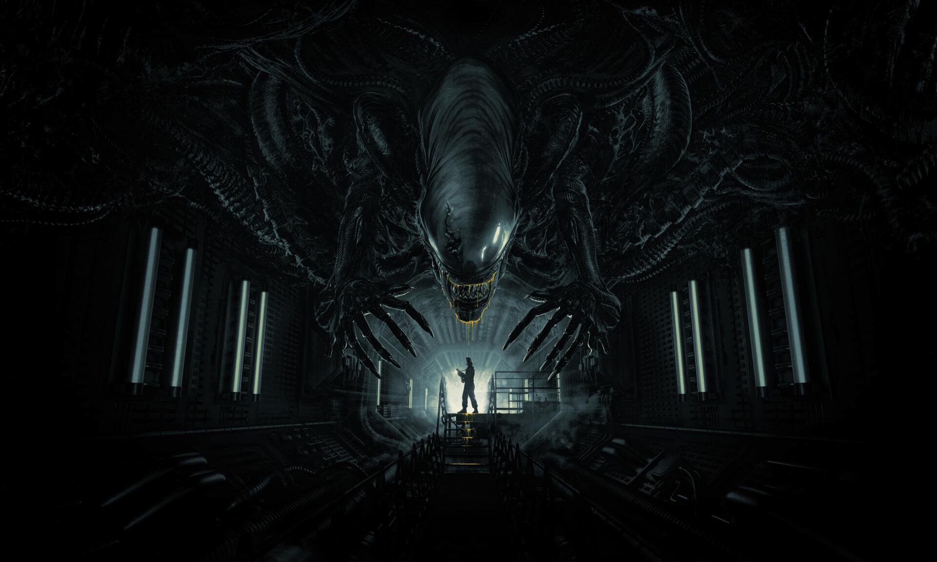 4K Ultra HD Alien: Romulus wallpaper depicting a dark, eerie scene with a massive alien creature looming over a small silhouetted figure in a futuristic industrial setting.