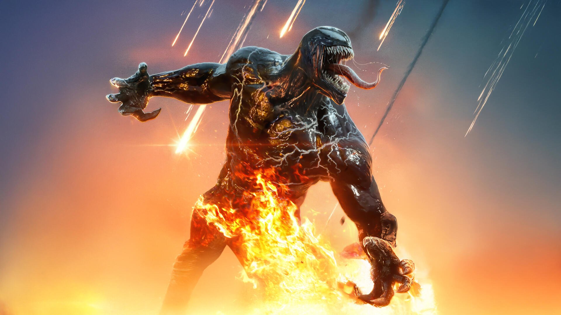 Venom unleashing fiery power amid falling meteors in a dynamic 4K Ultra HD PC desktop wallpaper from Venom: The Last Dance.